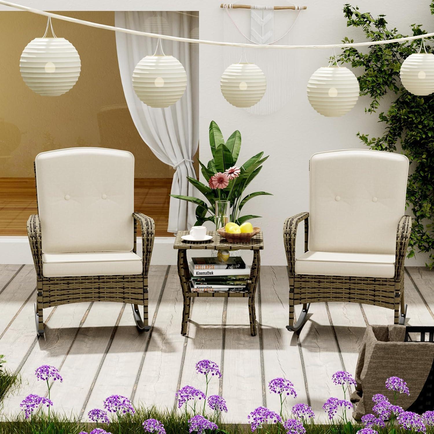 3 Pieces Patio Conversation Set, Outdoor Rocking Chair, Wicker Bistro Set, Outdoor Furniture with Porch Chairs and Coffee Table for Deck Garden Poolside, Beige