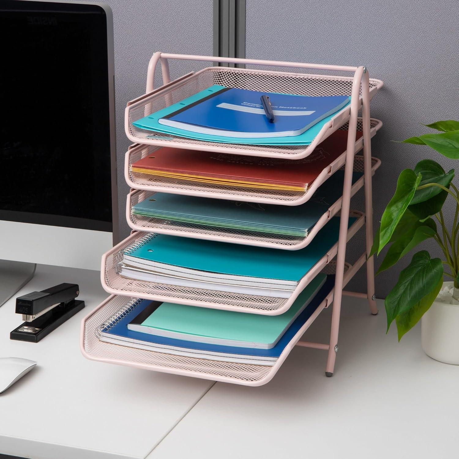 Pink Metal Mesh 5-Tier Letter Tray Organizer