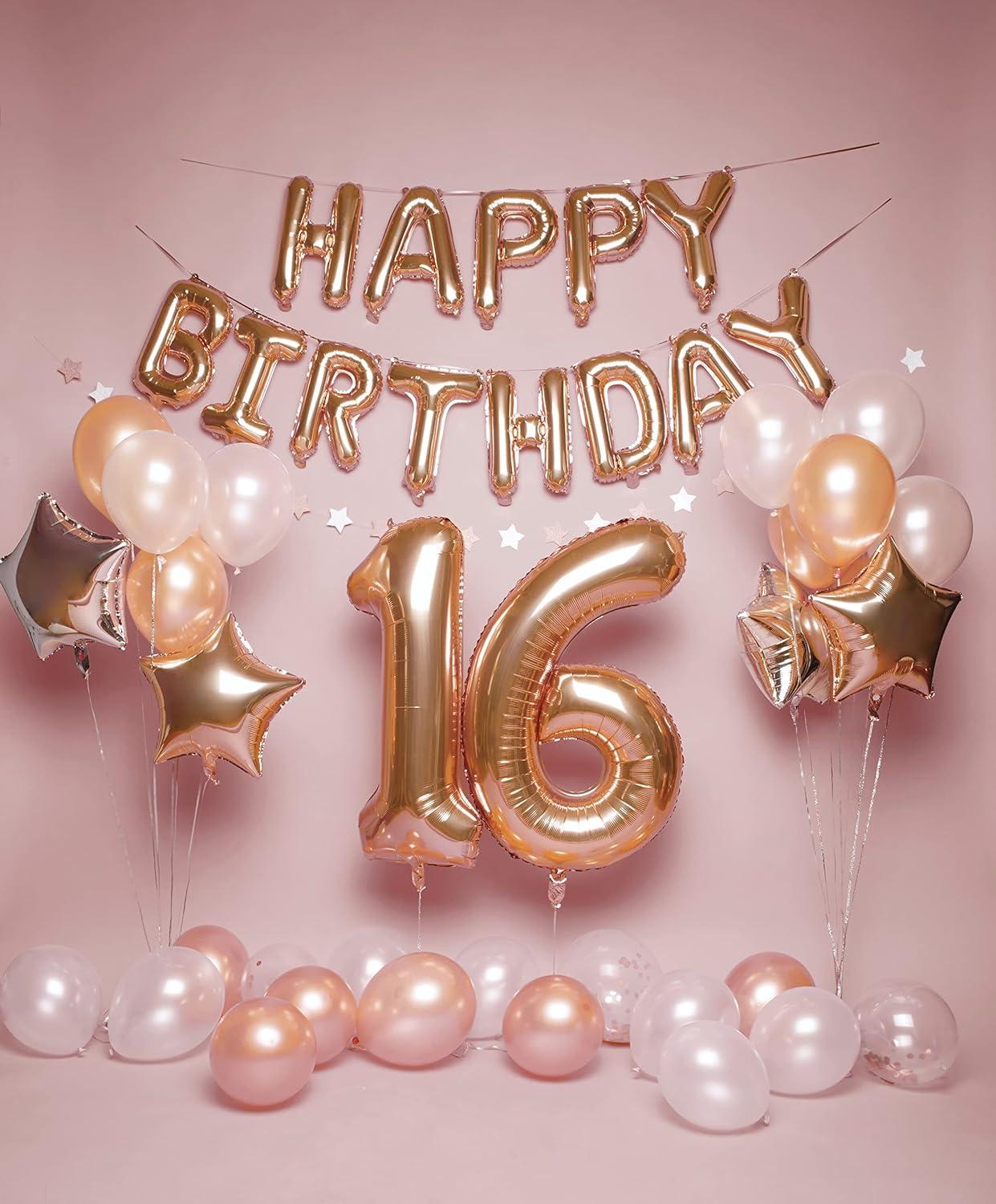 PartyHooman Sweet 16 Birthday Decorations Rose Gold With Sweet 16 Sash and Tiara Set, 2Pcs Backdrop, 25Pcs Pre-assembled Photo Booth Props, Balloons, Cake Topper | 16th birthday decorations for girls