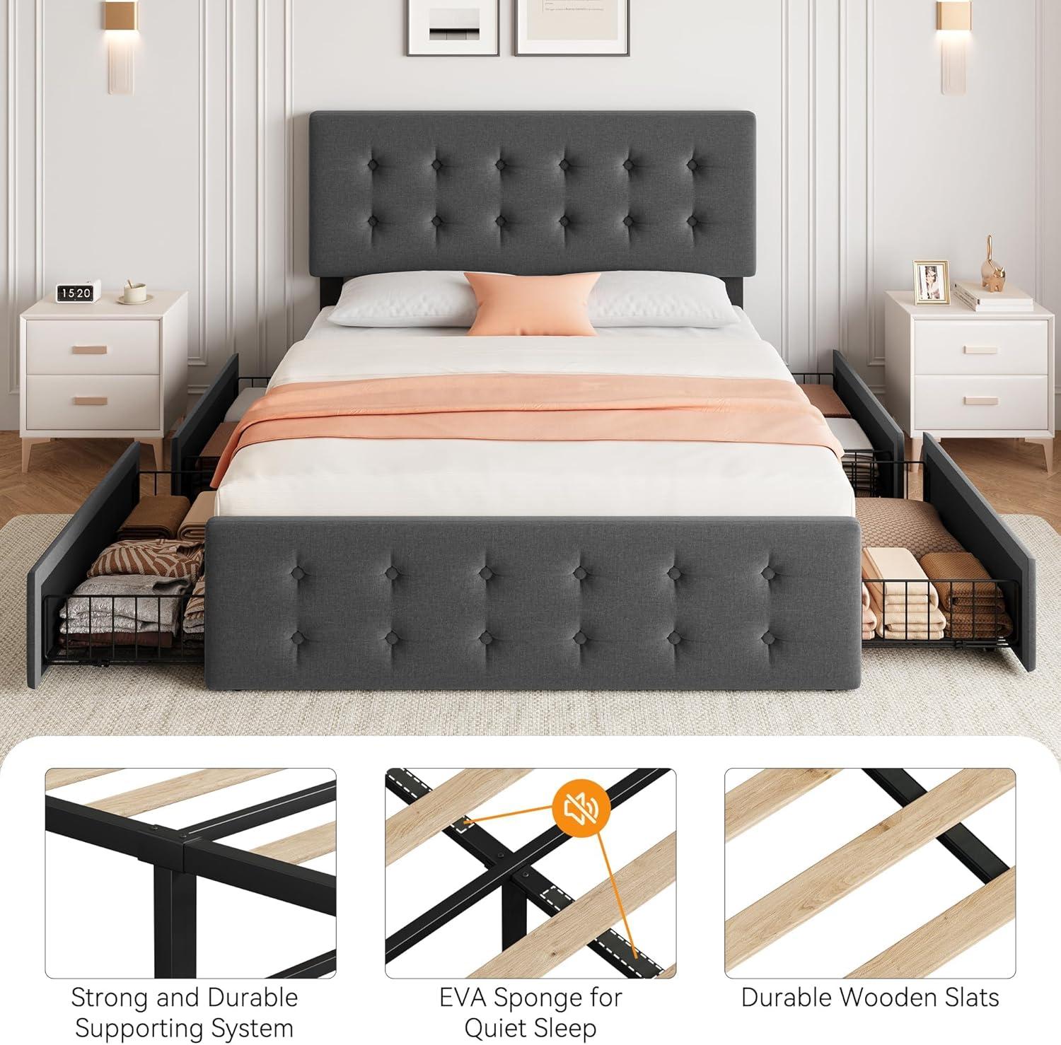 GAOMON Queen Size Bed Frame with 4 Storage Drawers and Headboard, Linen Upholstered Platform Bed Frame with Wooden Slats Support, Button Tufted Design, No Box Spring Needed, Dark Grey