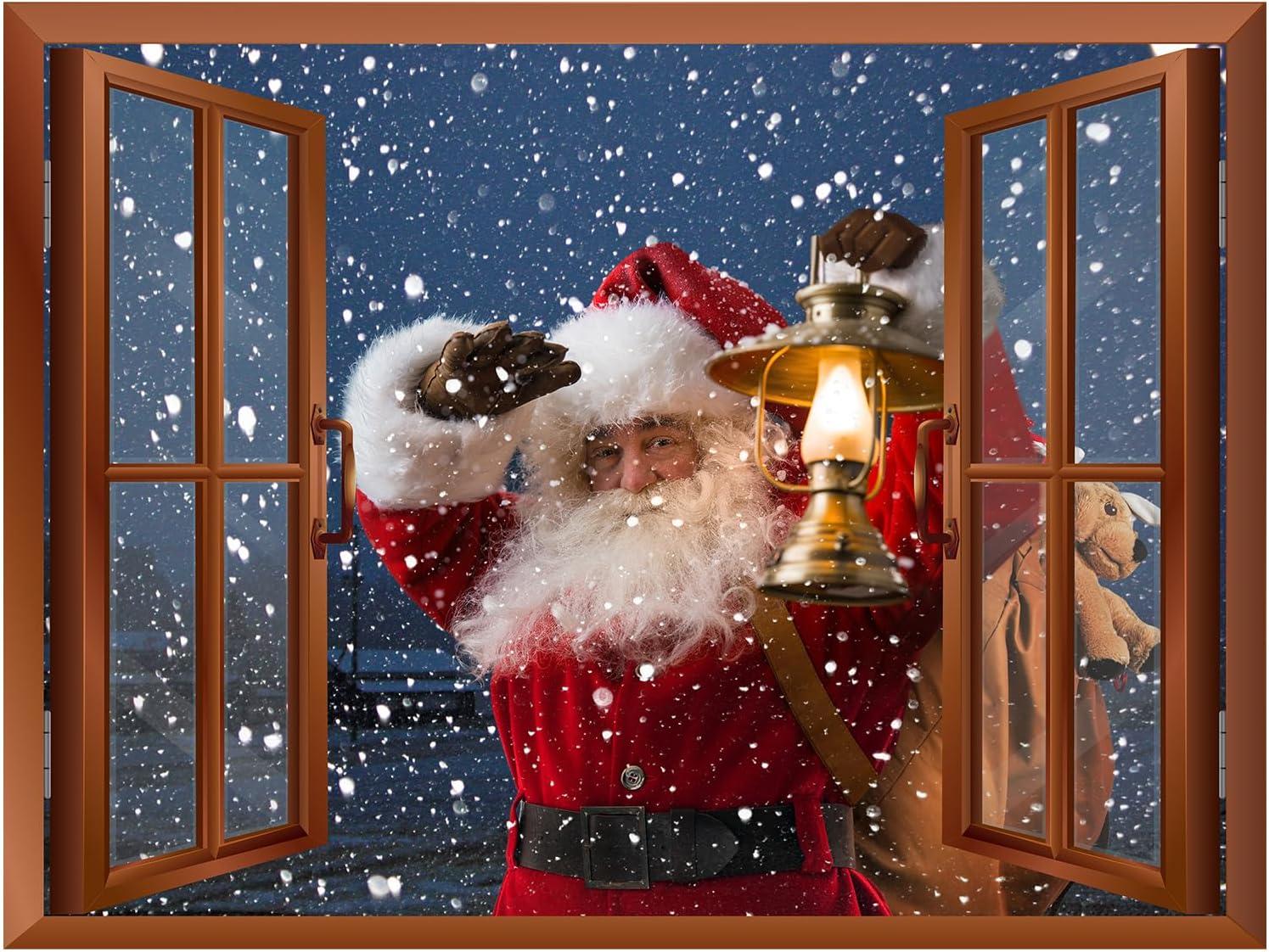 wall26 Removable Wall Sticker/Wall Mural - Santa Claus Carrying Gifts Outside of Window on Christmas Eve - Creative Window View Home Decor/Wall Decor - 24"x32"