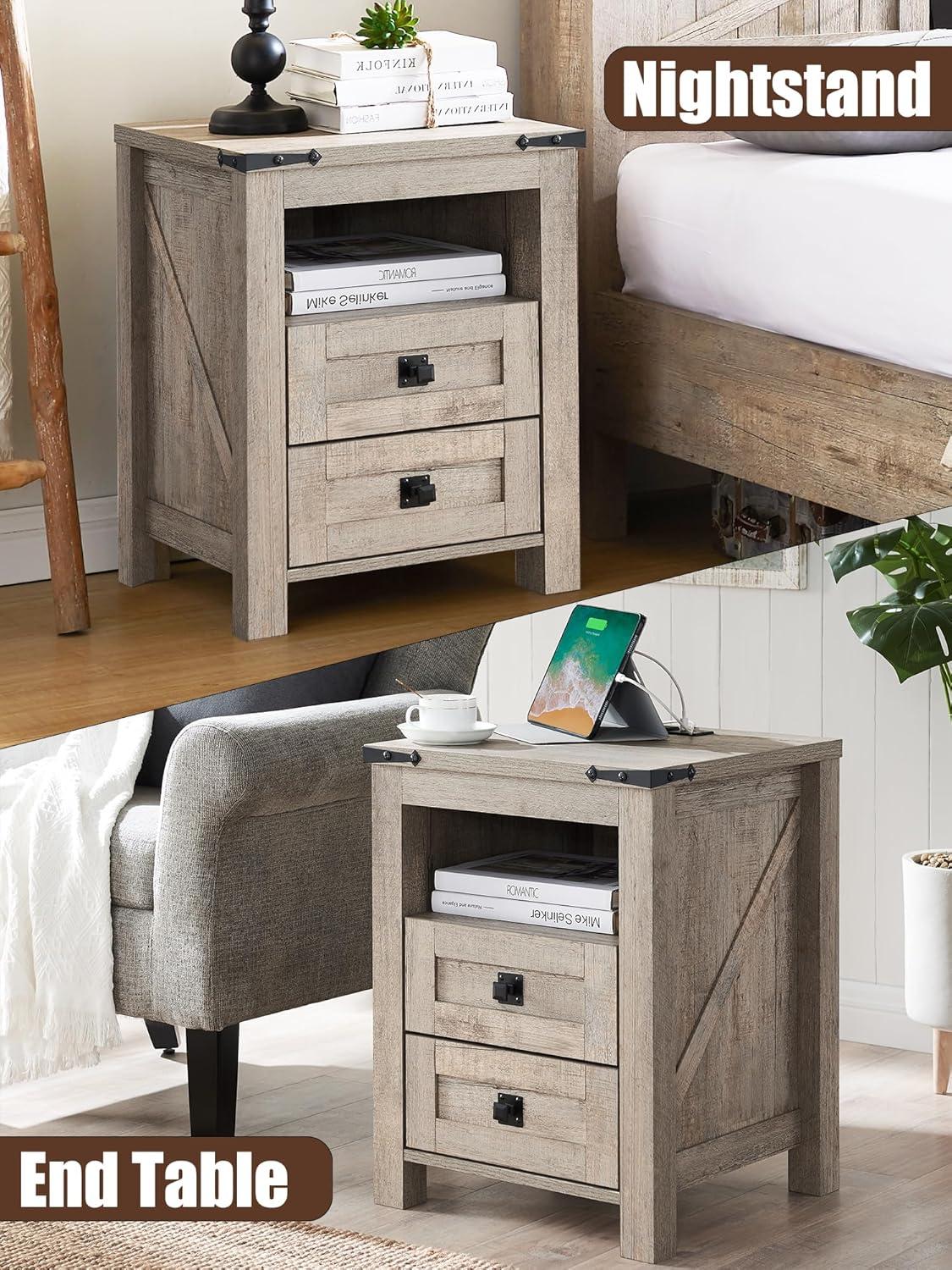 Light Rustic Oak 2-Drawer Farmhouse Nightstand with Charging Station