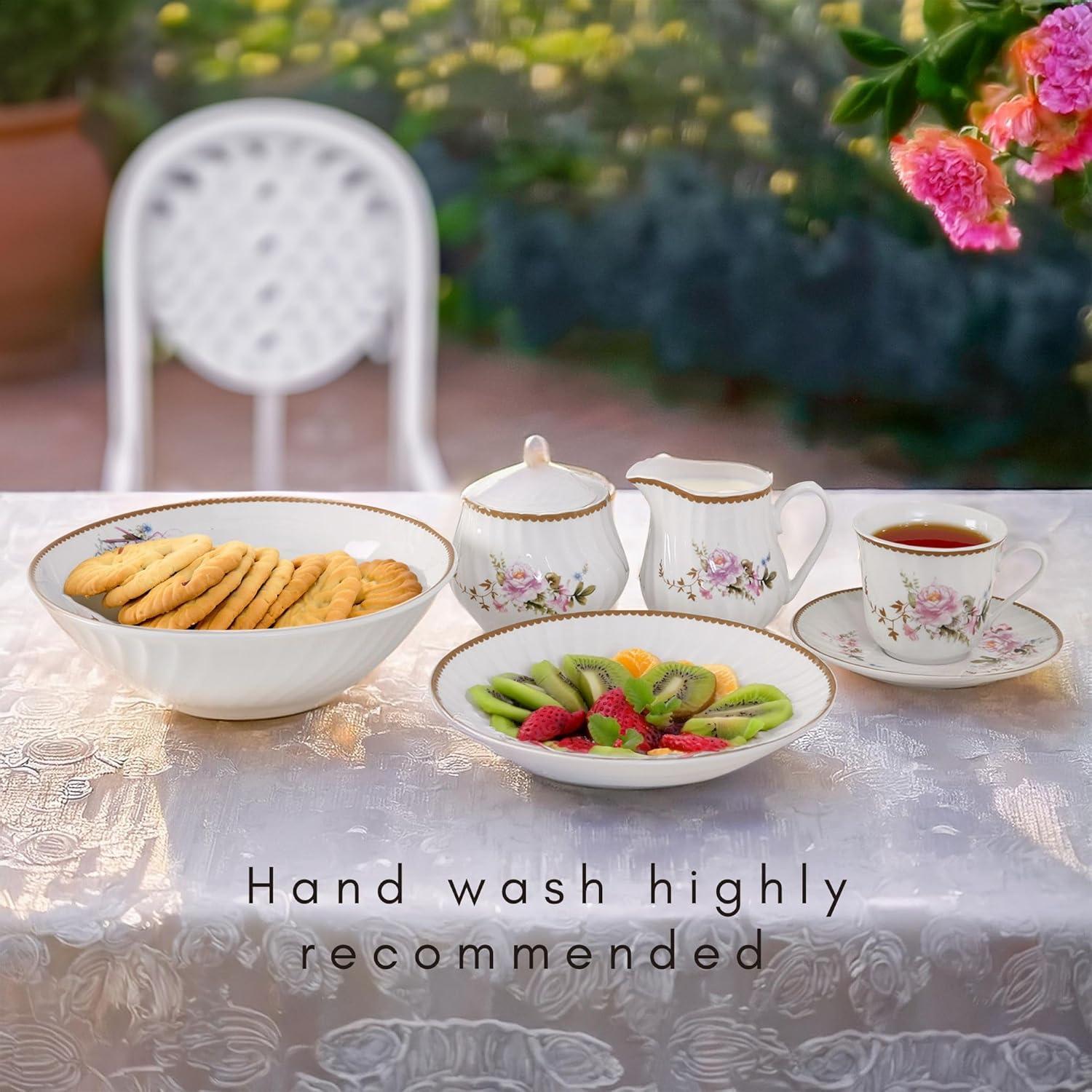 Lynns Paradise Timeless Rose Floral 45-Piece Dinnerware Set, Service for 8, Pink; 24K Gold Trim, Embossed Swirl, Colorful Floral Print, Porcelain