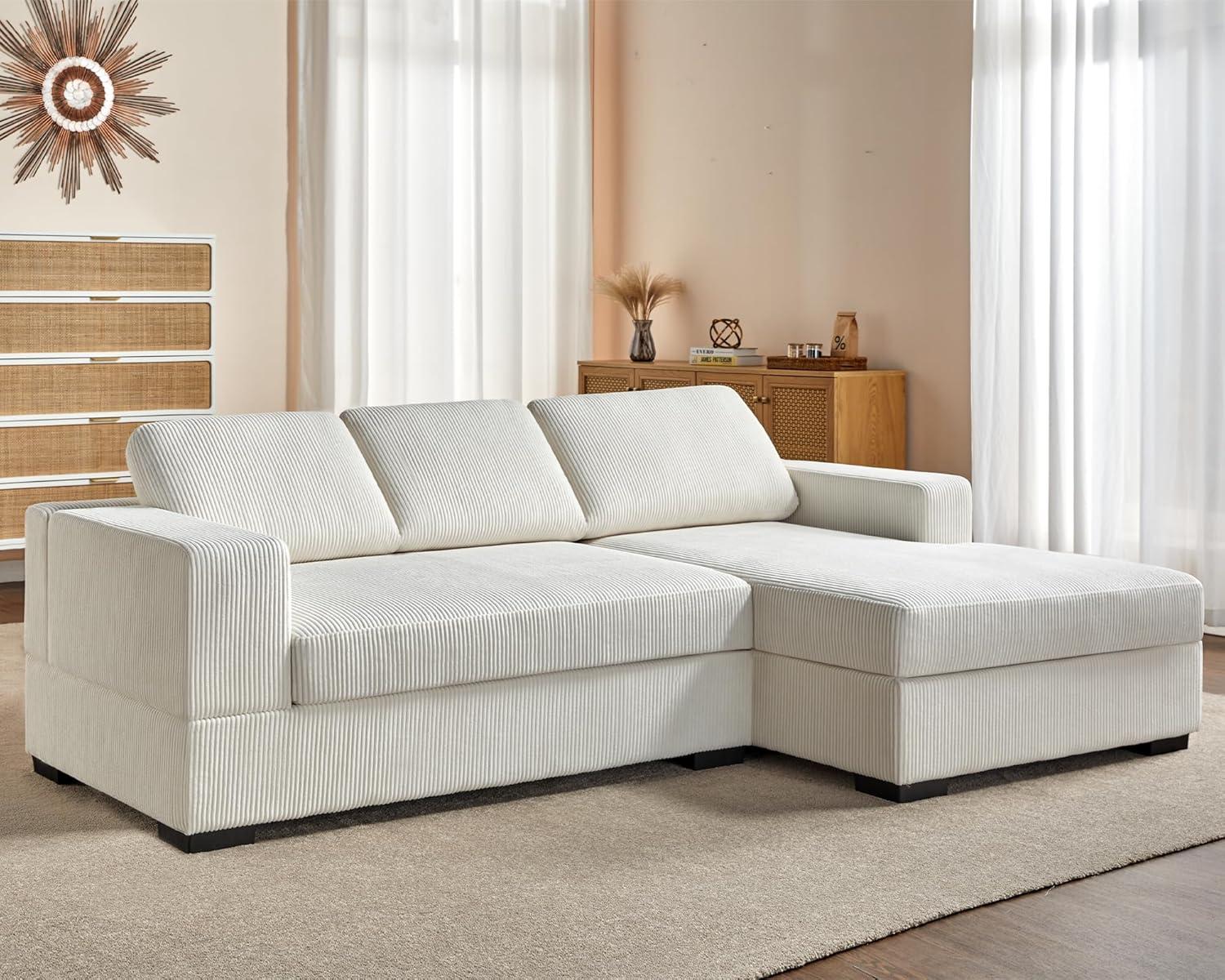 VANACC 96 inch Oversized Sectional Sofa, Comfy Sofa Couch with Right Chaise, White Corduroy Sofa