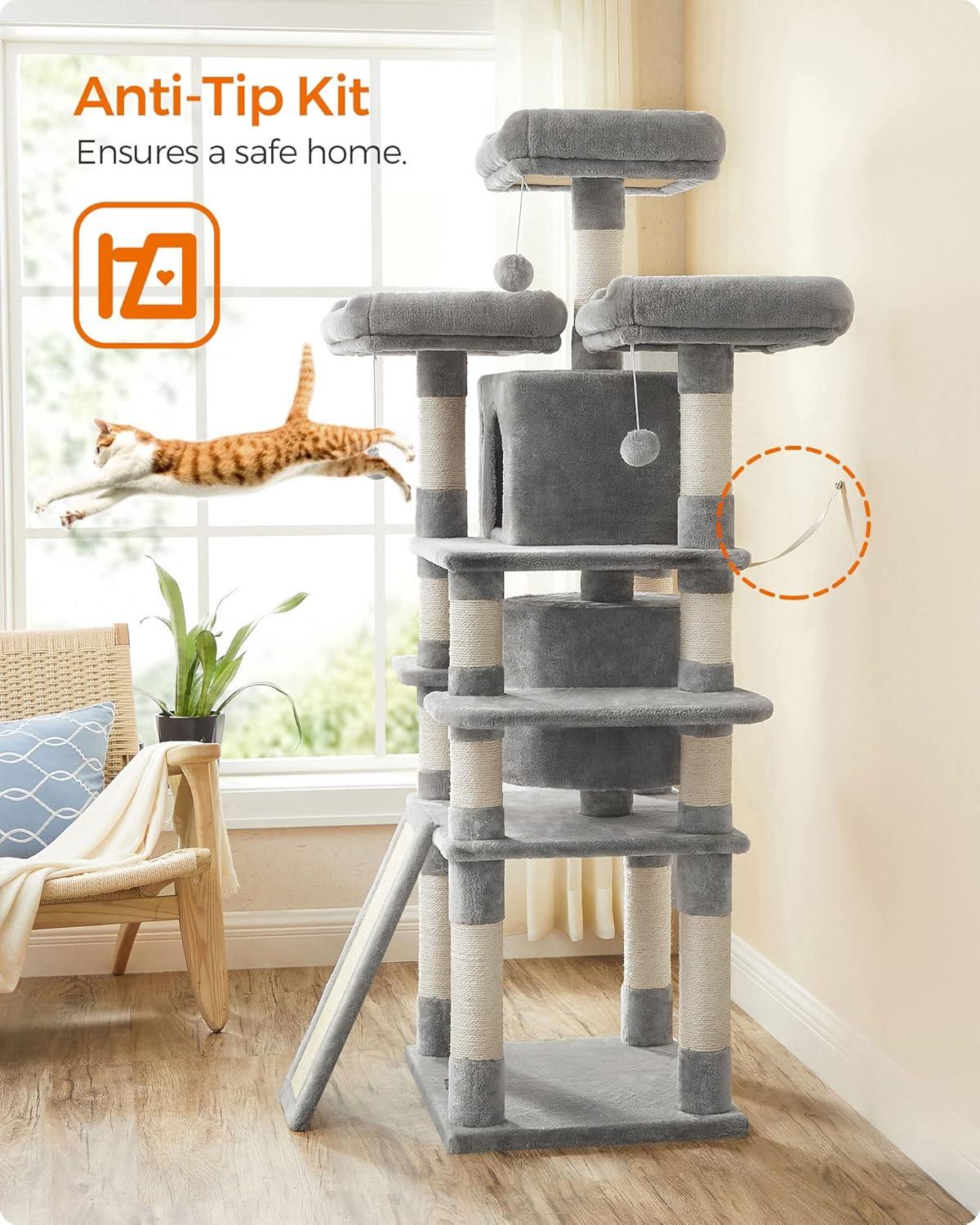 FEANDREA 67-Inch Multi-Level Cat Tree for Large Cats with Cozy Perches Stable Light Gray