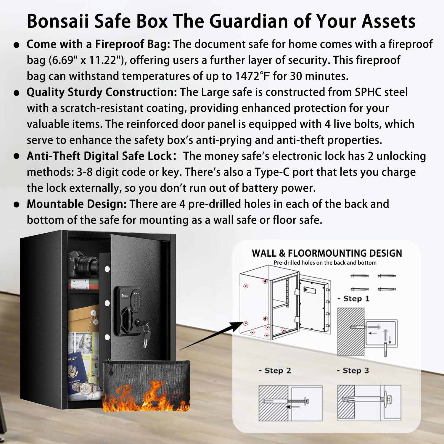 Bonsaii Safe Box with Fireproof Bag, 1.8 Cubic Feet Security Home Safe with Electronic Keypad, Large Document Safe for Home, Money, Cash, Jewelry