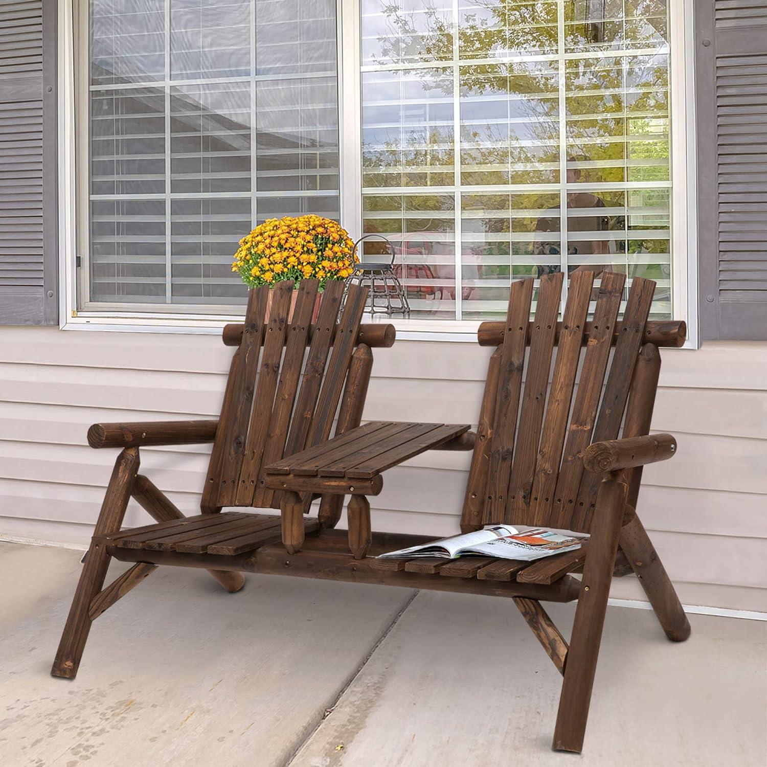 Rustic Twin-Seater Adirondack Bench with Integrated Table