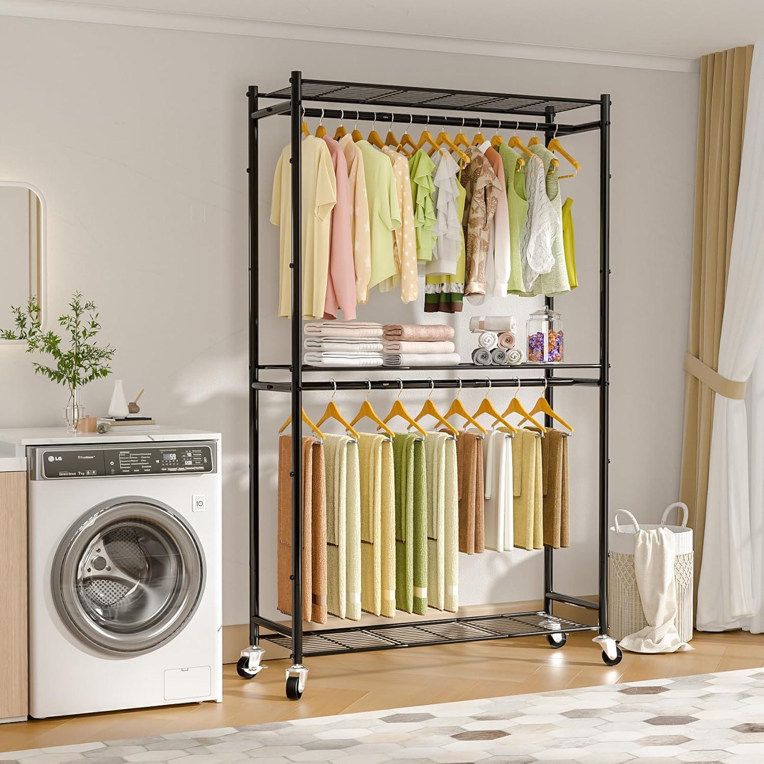 3 Tiers Rolling Clothes Rack With Wheels, Hanging Rods And Side Hooks