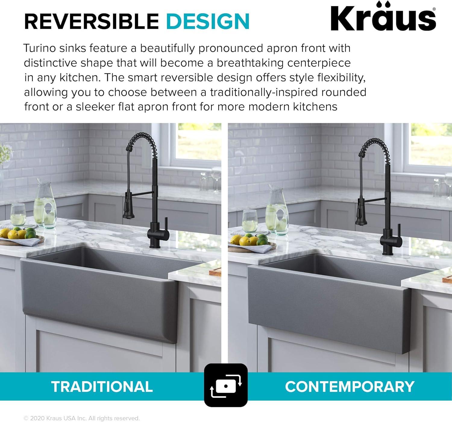 KRAUS Turino™ 33" L Farmhouse Reversible Apron Front Fireclay Single Bowl Kitchen Sink