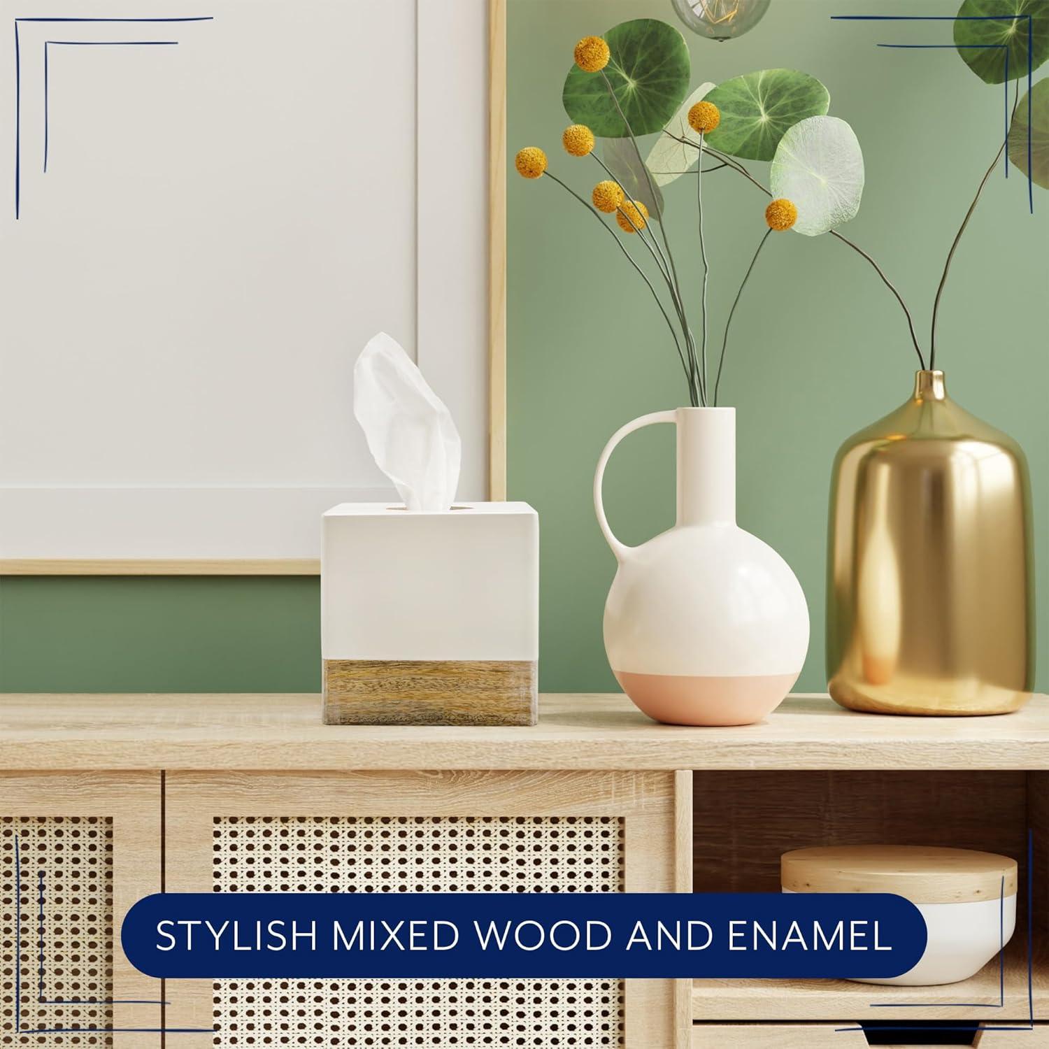 AuldHome Design Square Tissue Box Cover (Enamel/Mango Wood); Minimalist Scandinavian Decor White Cube Tissue Holder