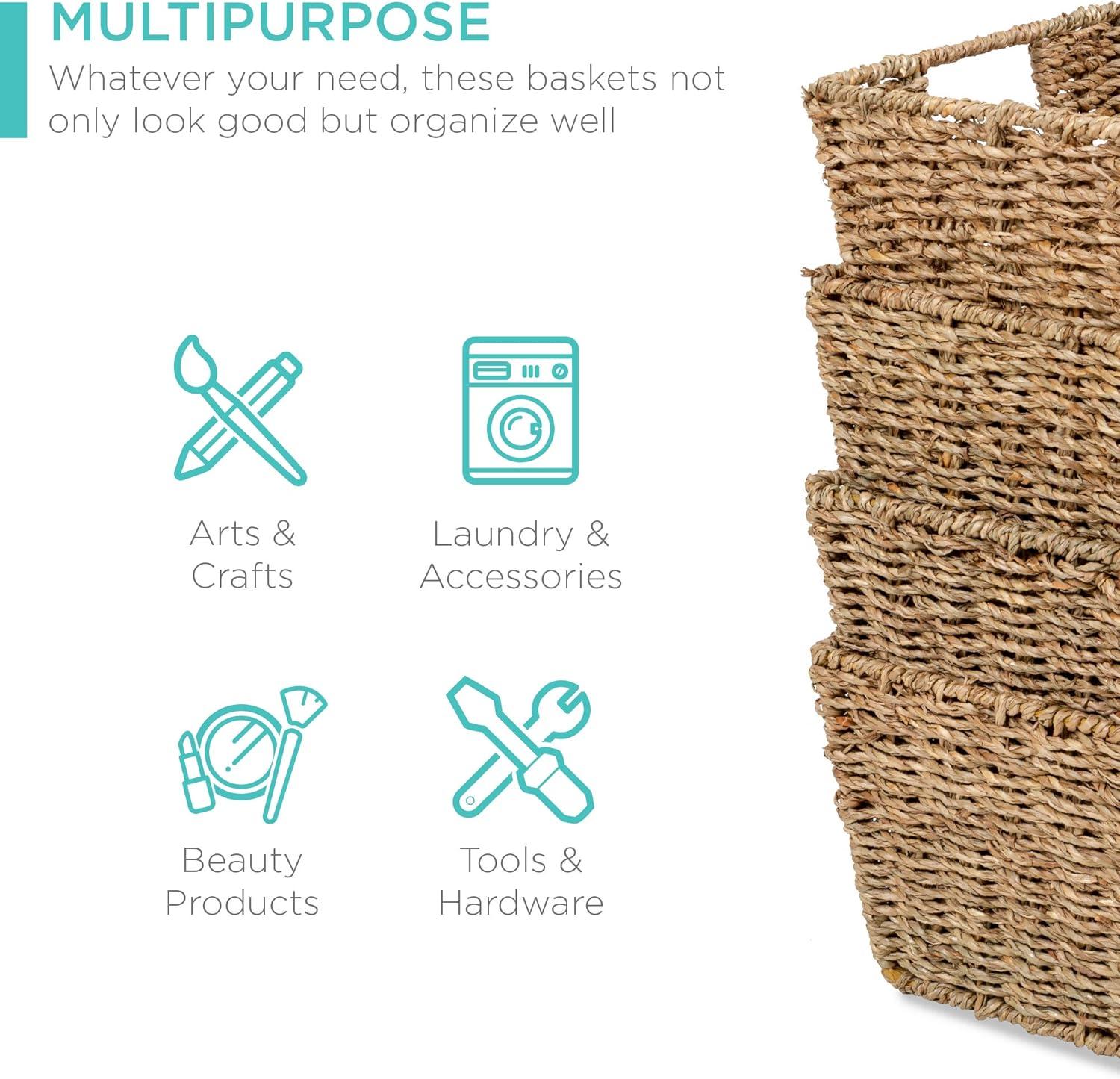 Best Choice Products Set of 4 Multipurpose Stackable Seagrass Storage Laundry Organizer Baskets w/ Handles