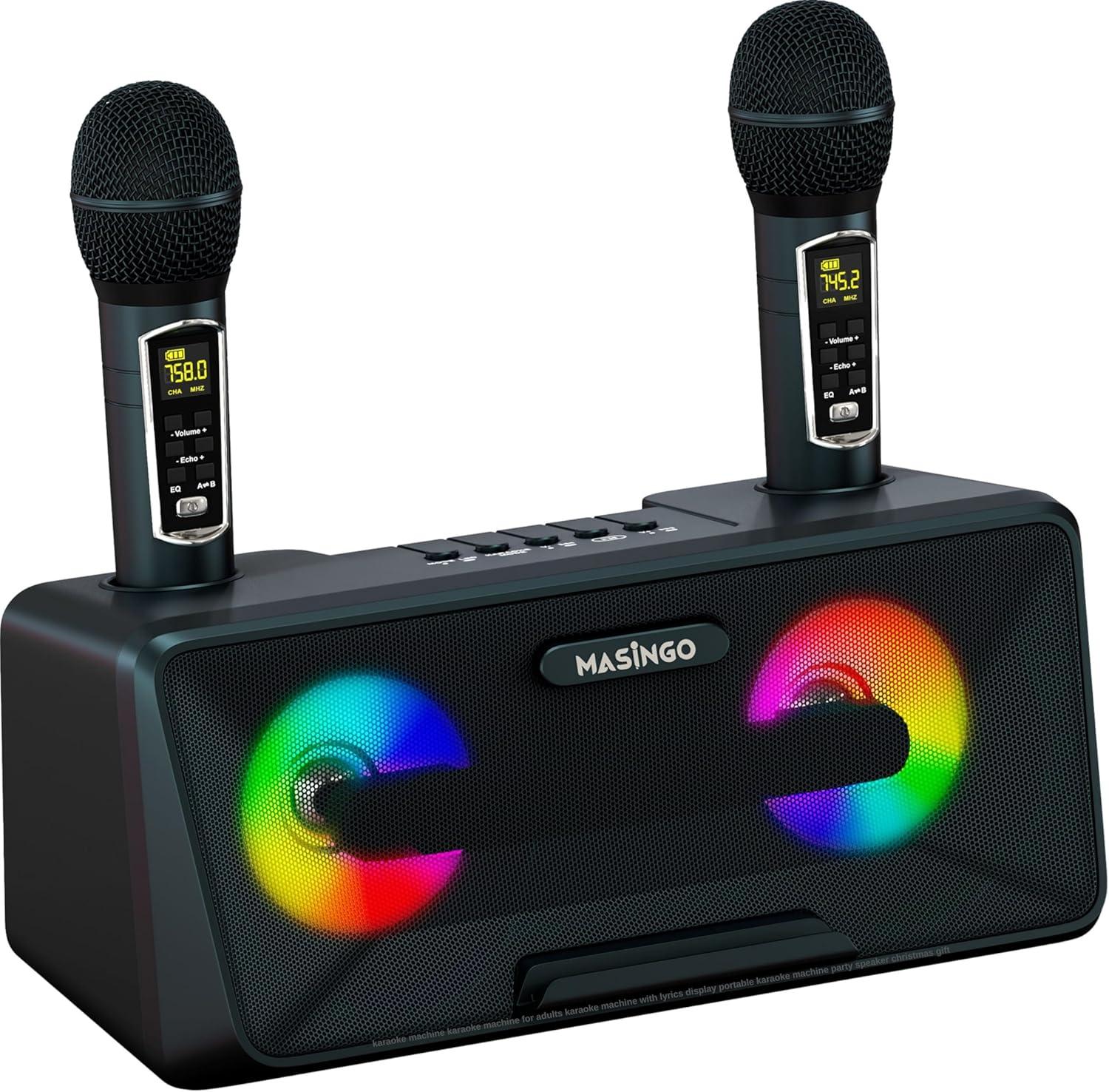 MASINGO Karaoke Machine for Adults and Kids with 2 Wireless Microphones, Portable Bluetooth Singing Speaker, Colorful LED Lights, PA System, Lyrics Display Holder & TV Cable - Presto G2 (Black)