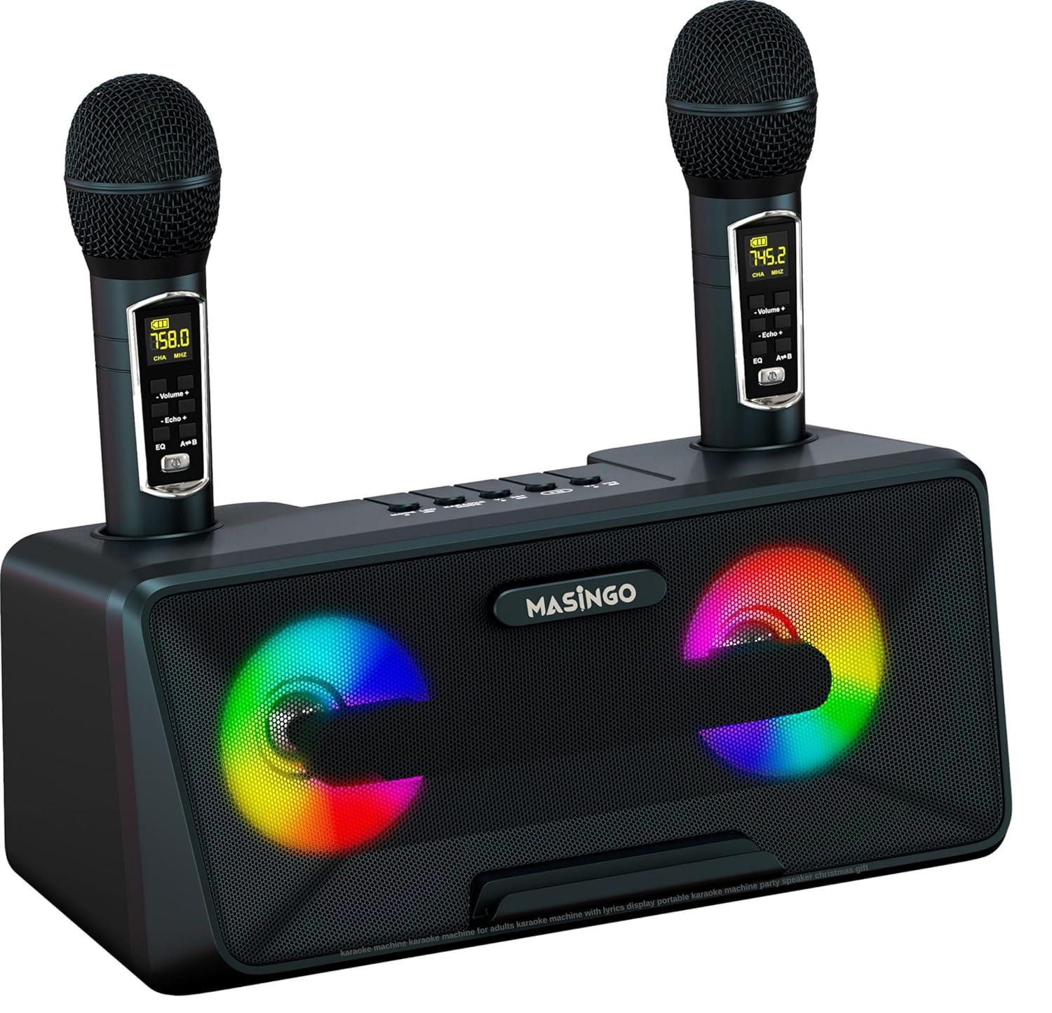 MASINGO Karaoke Machine for Adults and Kids with 2 Wireless Microphones, Portable Bluetooth Singing Speaker, Colorful LED Lights, PA System, Lyrics Display Holder & TV Cable - Presto G2 (Black)