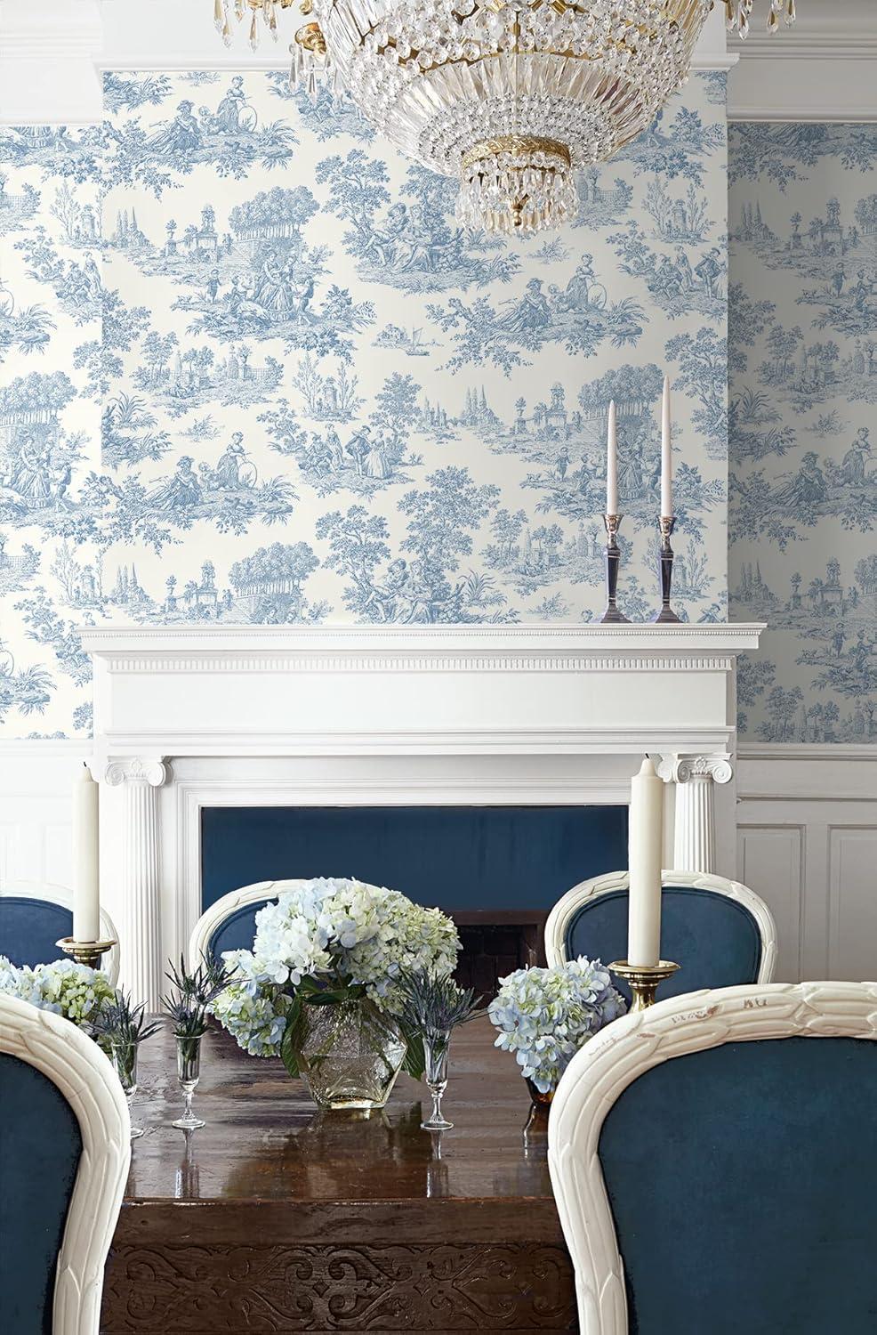 NextWall Chateau Toile Peel and Stick Wallpaper Blue: Removable Vinyl, Self-Adhesive, Traditional Toile Design, 30.75 Sq Ft Coverage
