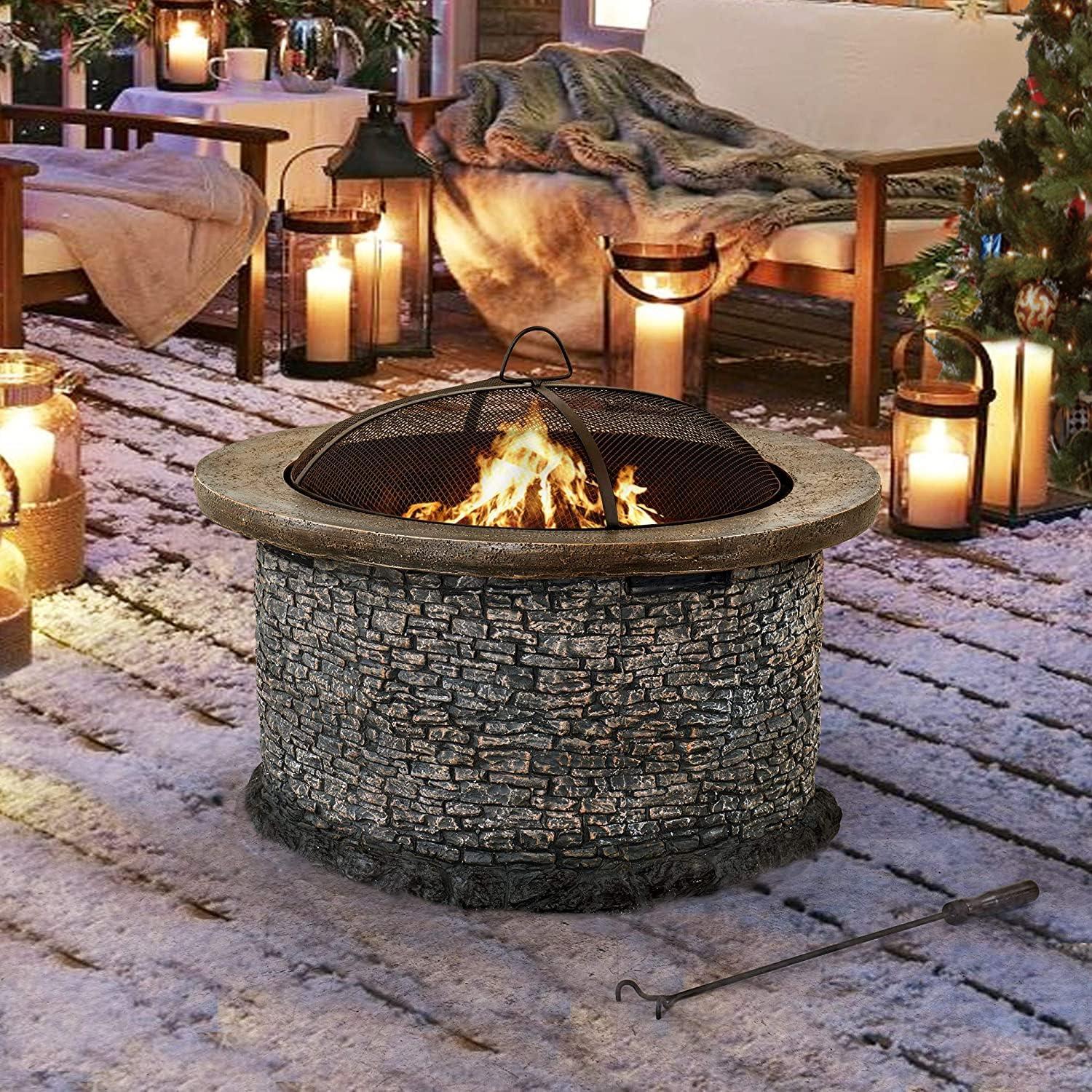 Sunjoy Stone 32 in. Round Wood-Burning Fire Pit