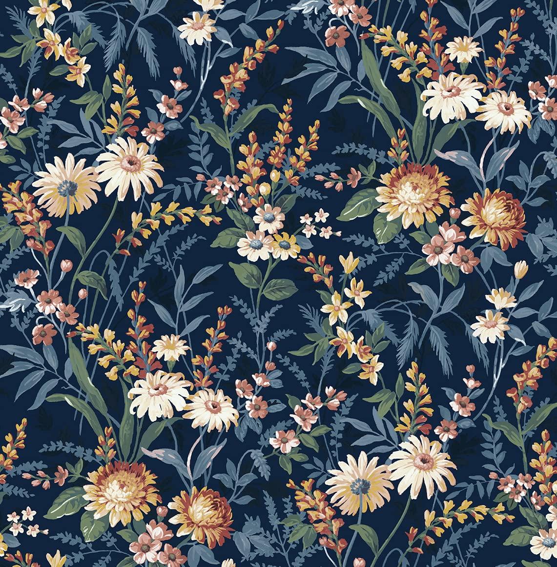 NextWall  Vintage Floral Peel and Stick Wallpaper 20.5 in. W x 18 ft. L - Navy Blue
