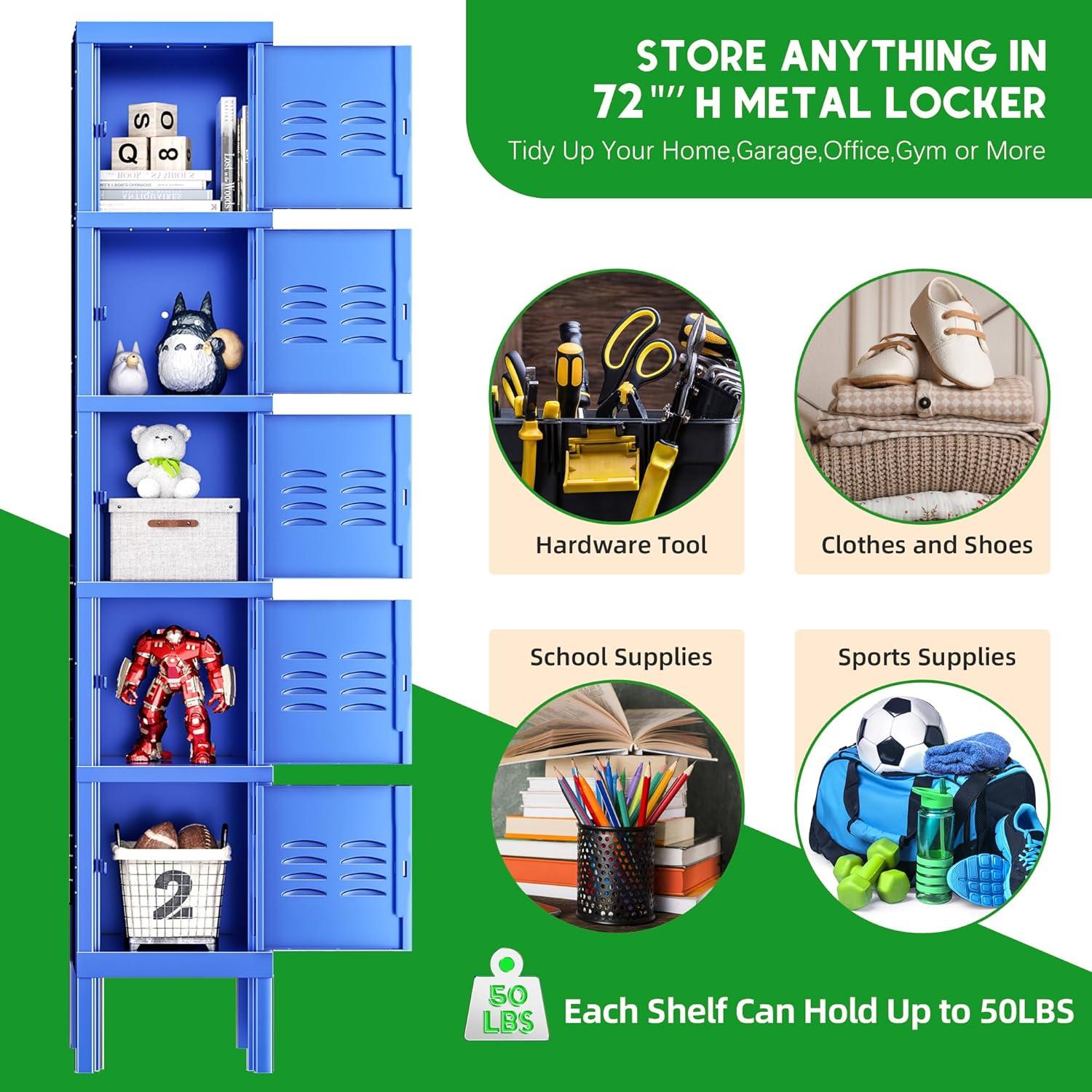 INTERGREAT Metal Locker Cabinet for School Office Gym Metal Storage Locker for Employees Students Steel Locker Triple Tier with 5 Door Blue