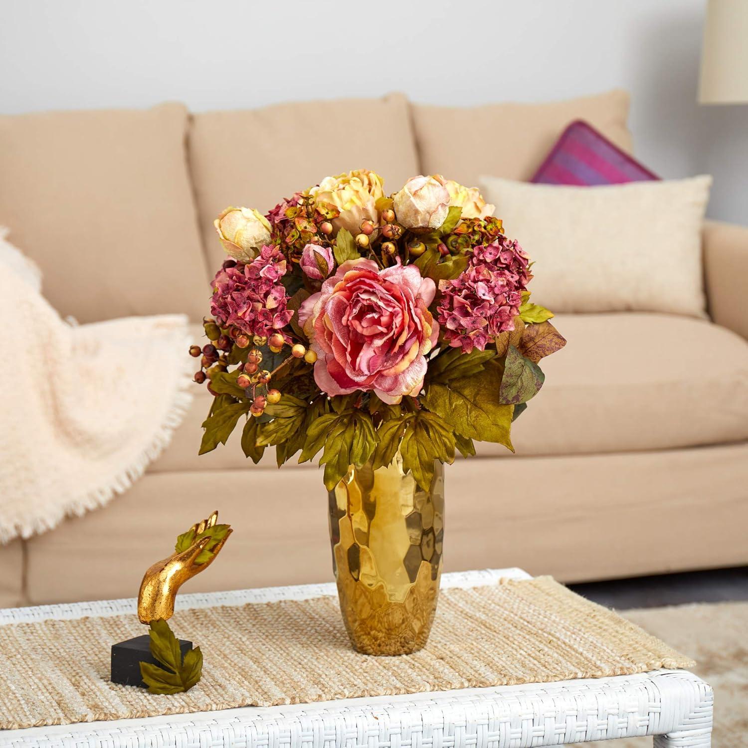 Nearly Natural  19 in. Peony Artificial Arrangement in Gold Vase