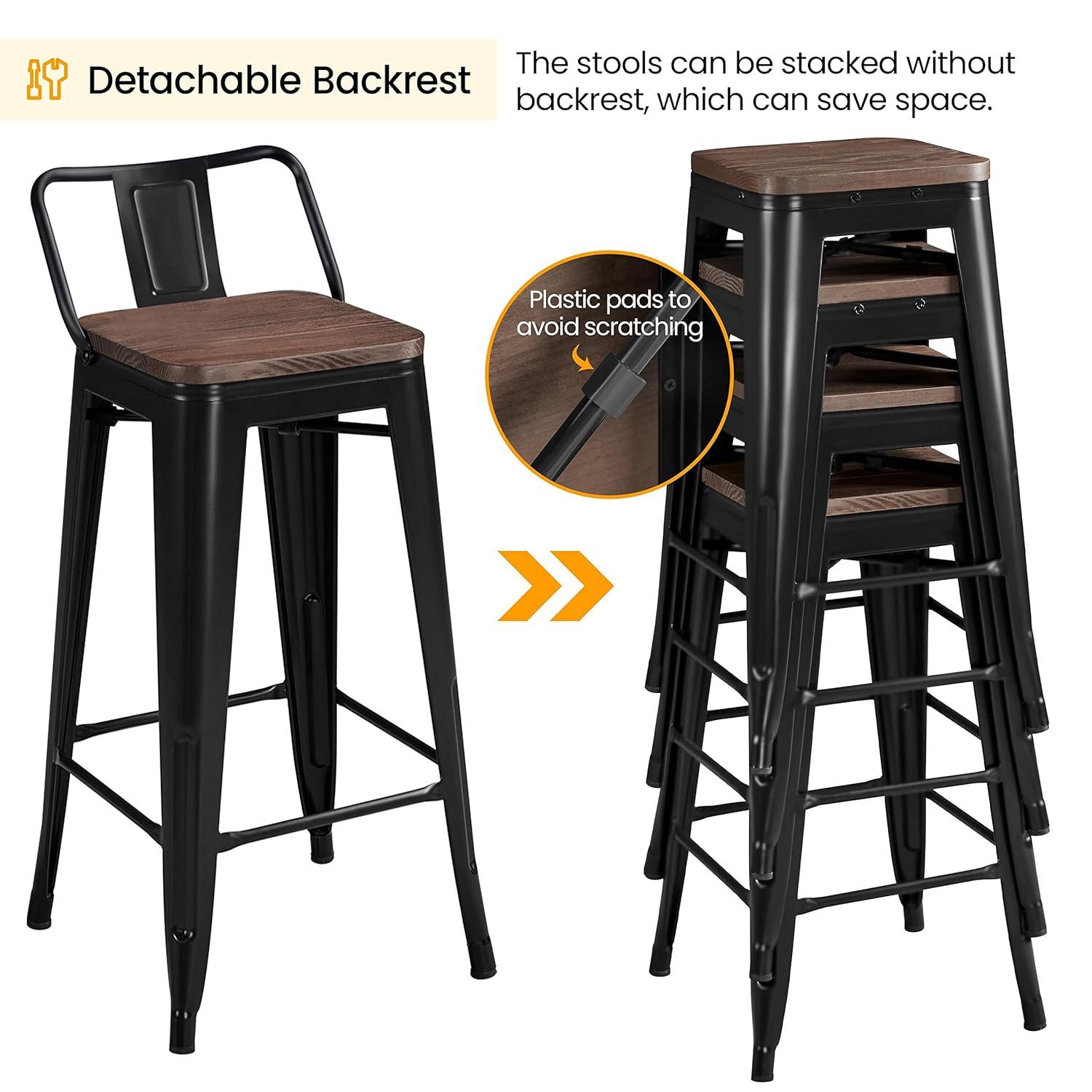 Killeryuki 24'' Metal Bar Stool 4PCS Low Back Conuter Stools for Indoor/Outdoor Barstools Metal Black Stools Bar Chairs w/Wooden Seat Metal Leg Industrial Counter Height Stools Black