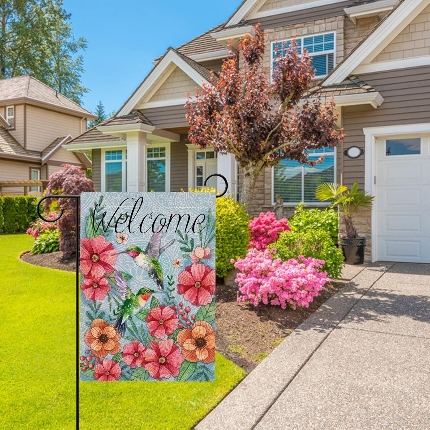 Jbralid Welcome Spring Garden Flag Hummingbird, Decorative House Yard Lawn Outdoor Small Burlap Bird Flag Flower Decor, Vintage Summer Farmhouse Seasonal Outside Decorations Double Sided 12 x 18
