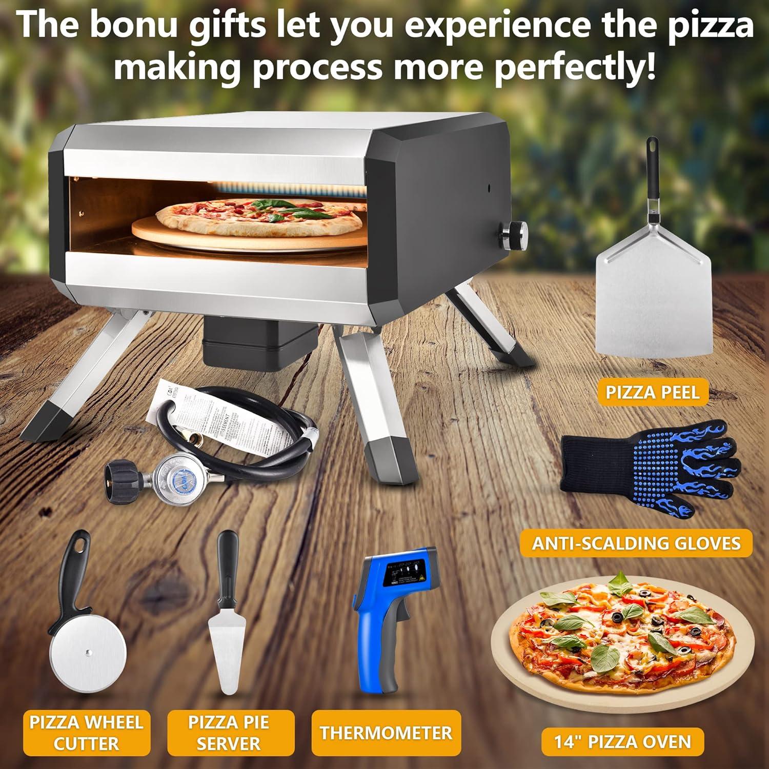 Portable Rotating Gas Pizza Oven for Outdoor, Stainless Steel Pizza Oven with 14" Pizza Stone, Gas Powered Pizza Oven with Foldable Legs