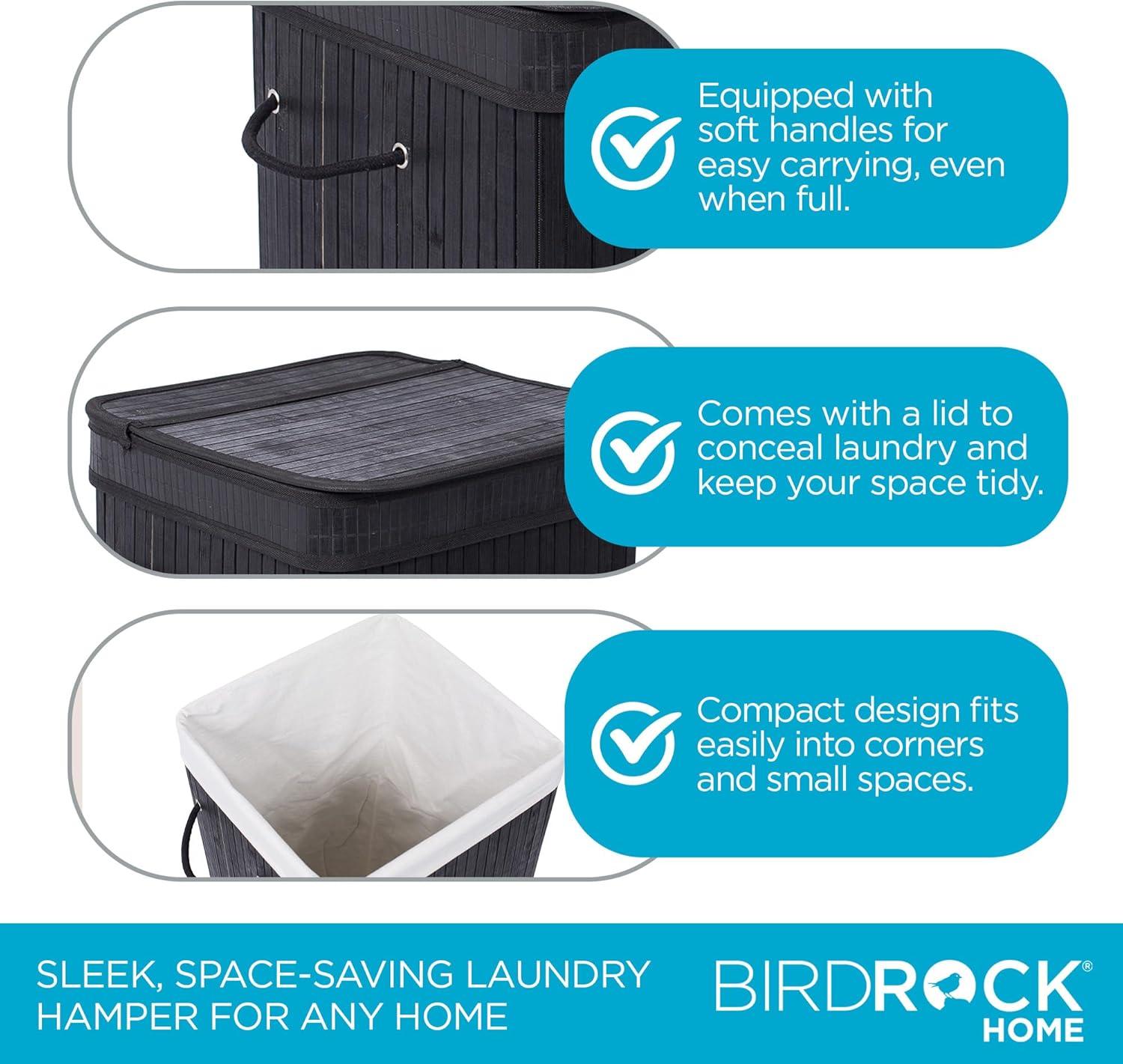 Square Laundry Hamper, Laundry Basket, Bamboo Collapsible Hamper with Lid, String and Cloth Liner for Bedroom, Living Room, Bathroom, Toilet, Hotel, Black