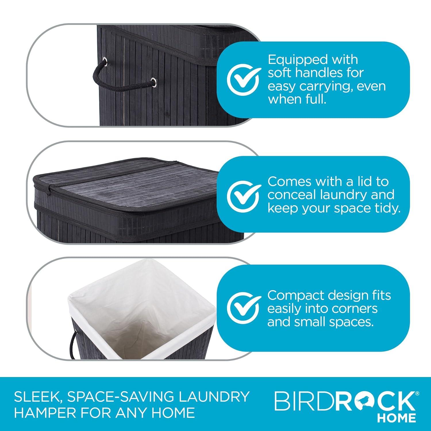 Square Laundry Hamper, Laundry Basket, Bamboo Collapsible Hamper with Lid, String and Cloth Liner for Bedroom, Living Room, Bathroom, Toilet, Hotel, Black