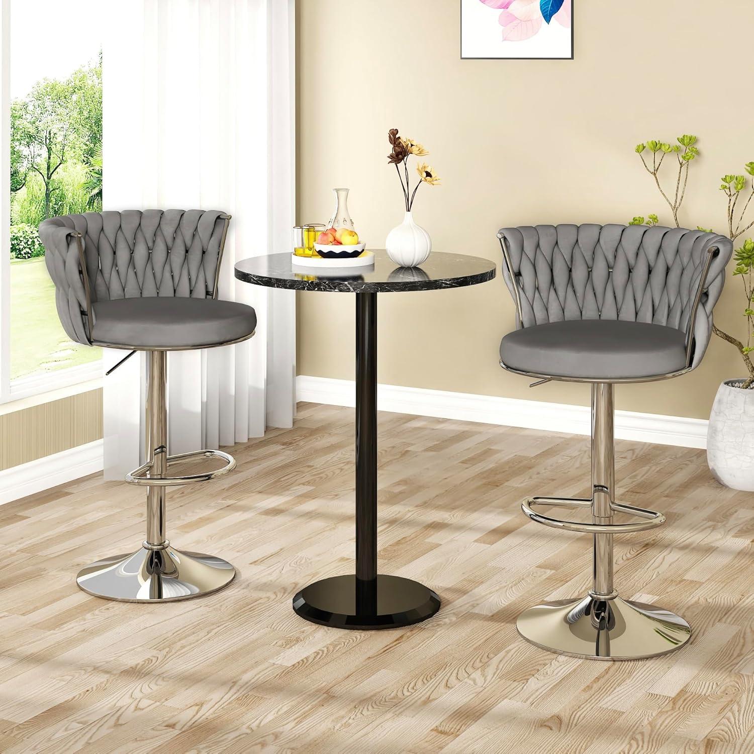 Set of 2 Adjustable Grey Velvet Swivel Bar Stools with Chrome Base