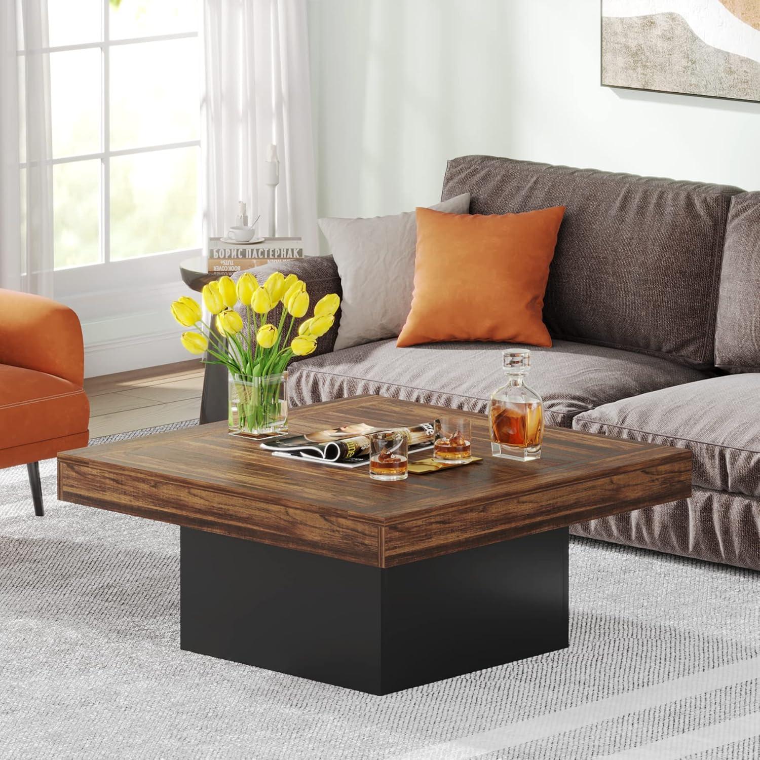 Tribesigns Squeare Coffee Table Modern LED Coffee Table Wood Coffee Table for Living Room Rustic Brown & Black Low Coffee Table