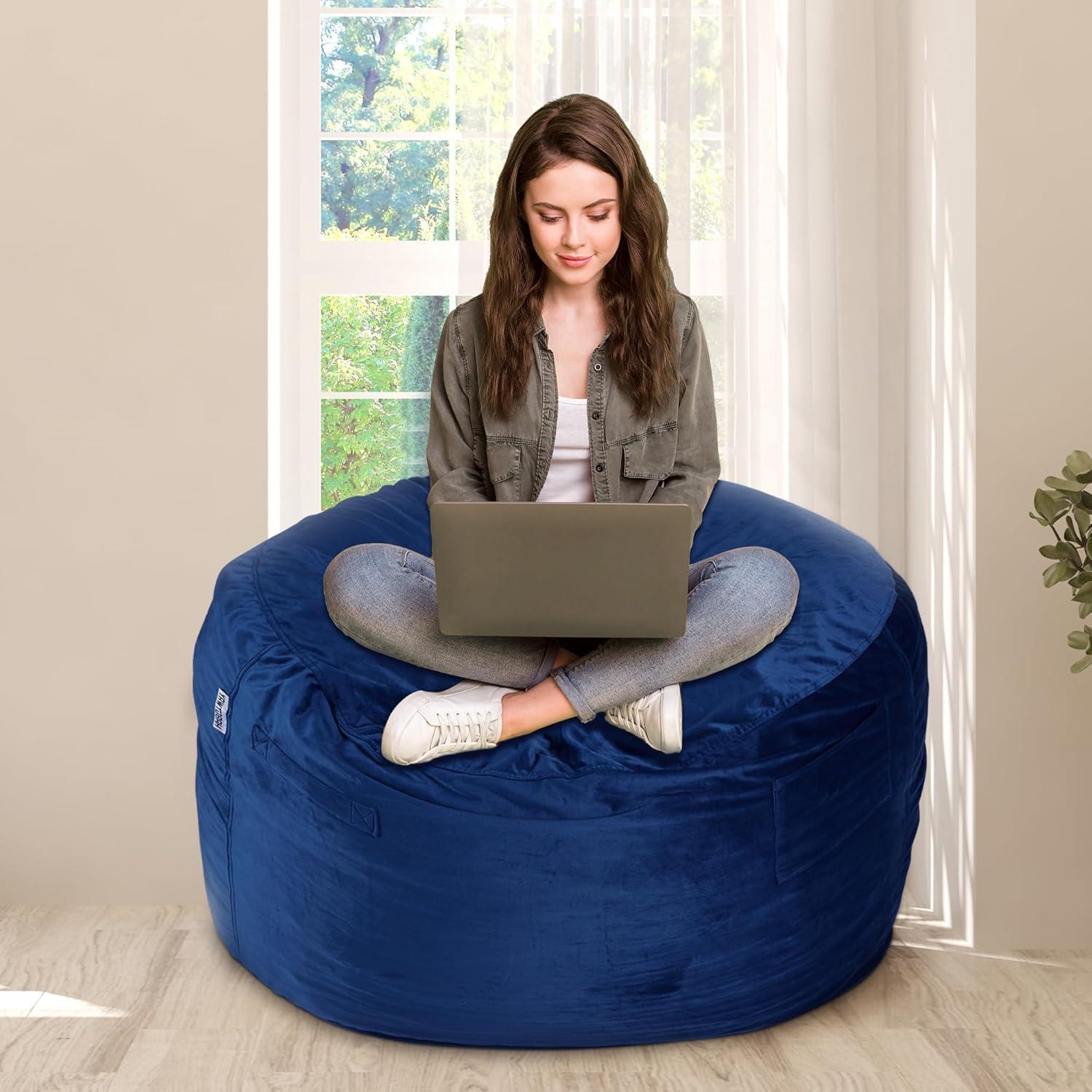 Luxurious Blue Velvet Round Bean Bag Chair with Memory Foam