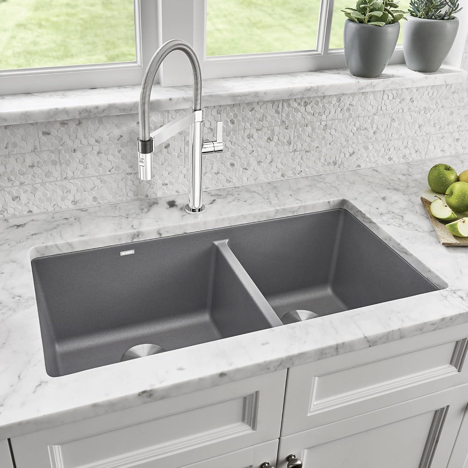 Precis SILGRANIT 33" L X 18" W Double Bowl Undermount Kitchen Sink