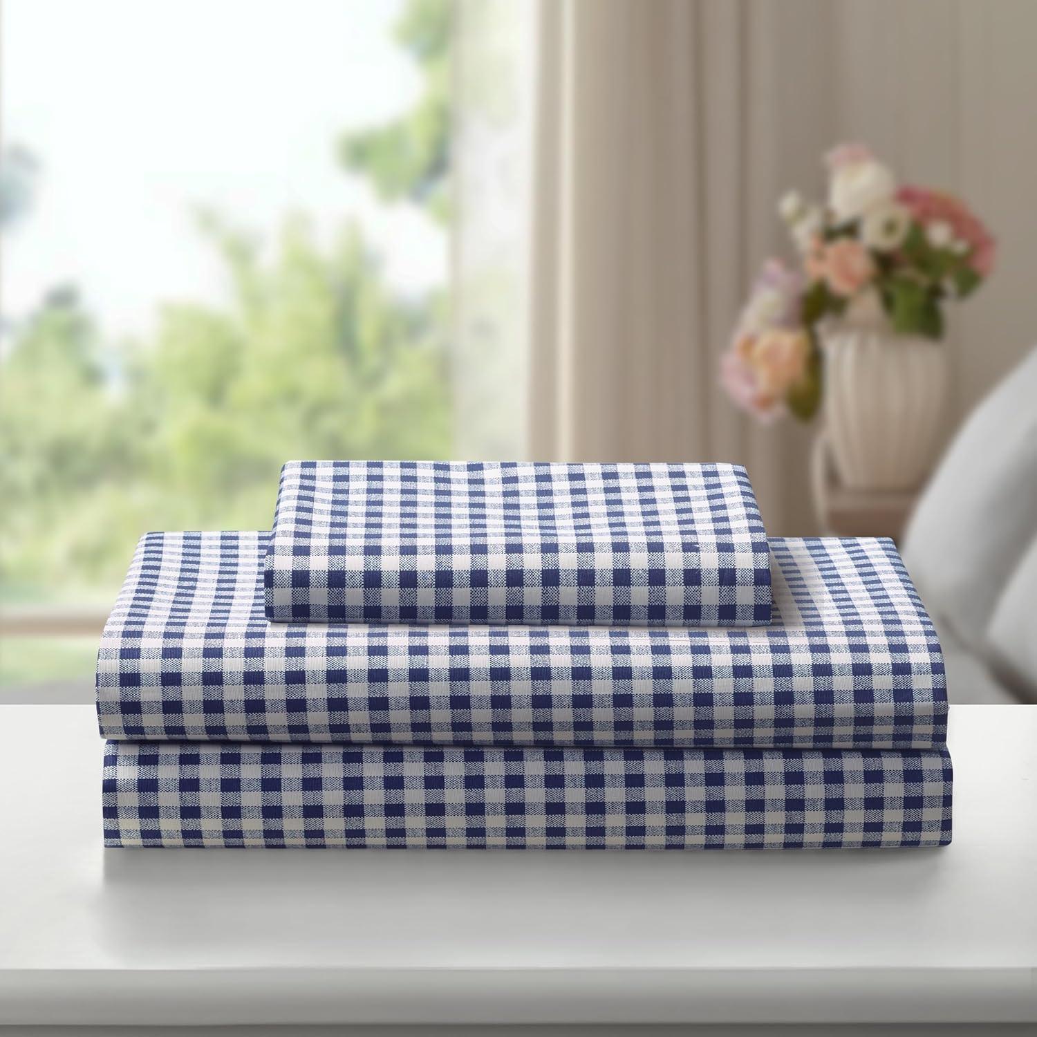 Gingham 250 Thread Count Plaid 100% Cotton Percale Sheet Set