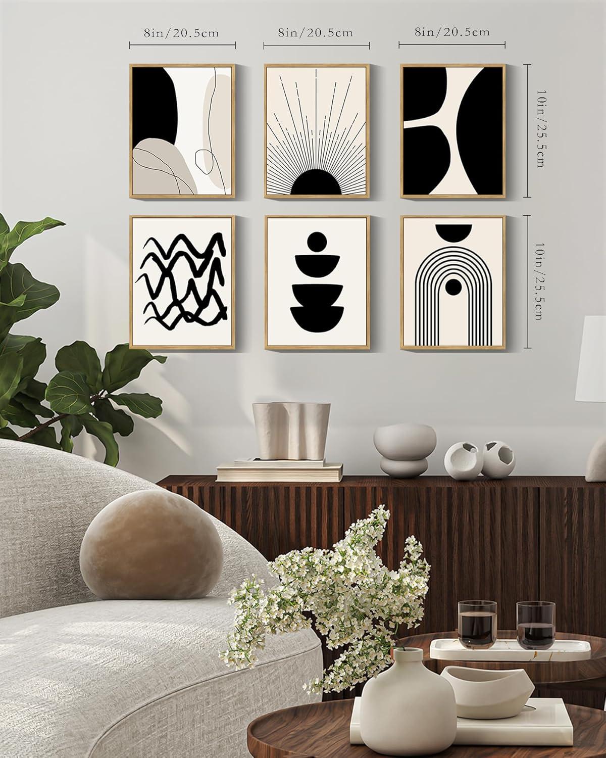 𝗗𝗿𝘀𝗼𝘂𝗺 Black Abstract Boho Wall Art Minimalist Geometric 𝗙𝗿𝗮𝗺𝗲𝗱 Wood Wall Decor Boho Room Decor Black Beige Art Canvas Painting Mid Century Modern Prints Bohemian Posters for Bedroom Kitchen Office