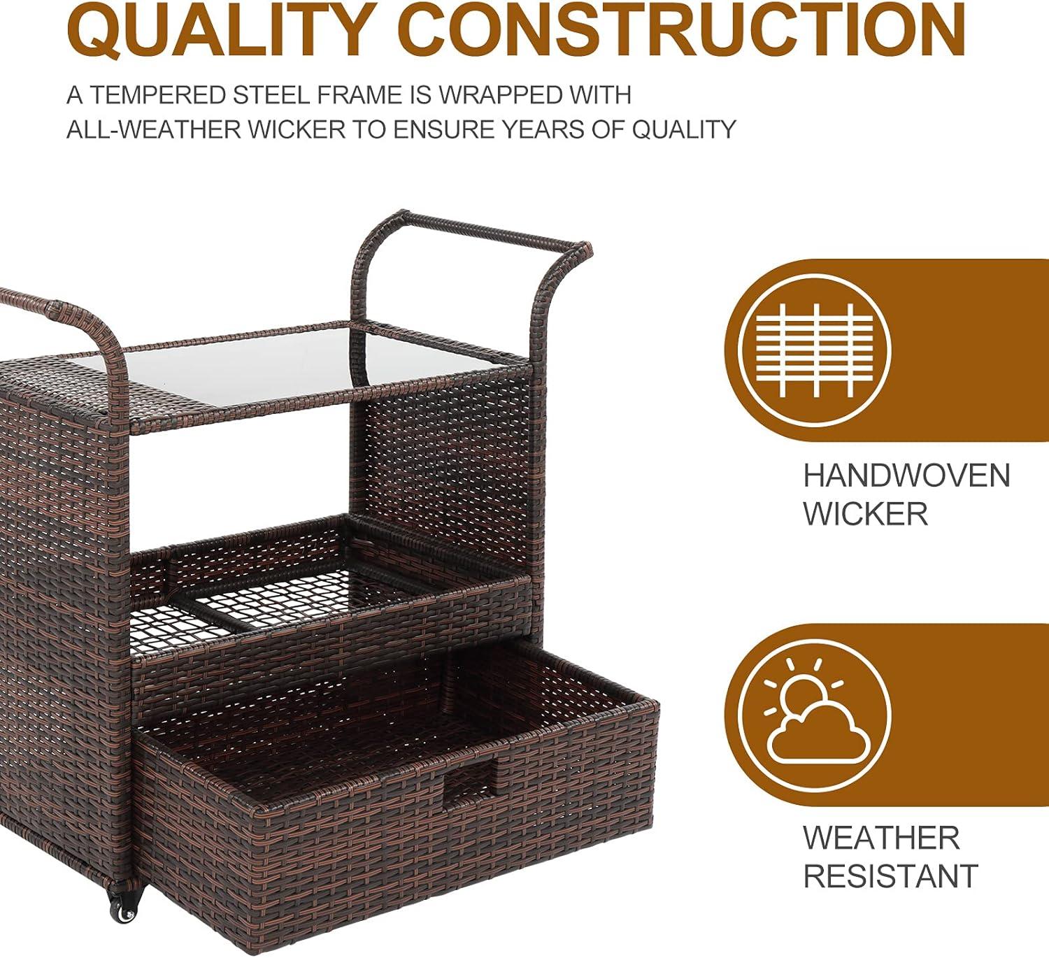 Outvita Outdoor Rolling Wicker Bar Cart, Rolling Rattan Beverage Bar Counter Table with Ample Storage Basket, Drawer and Loakable Wheels Glass Top for Patio Poolside Party
