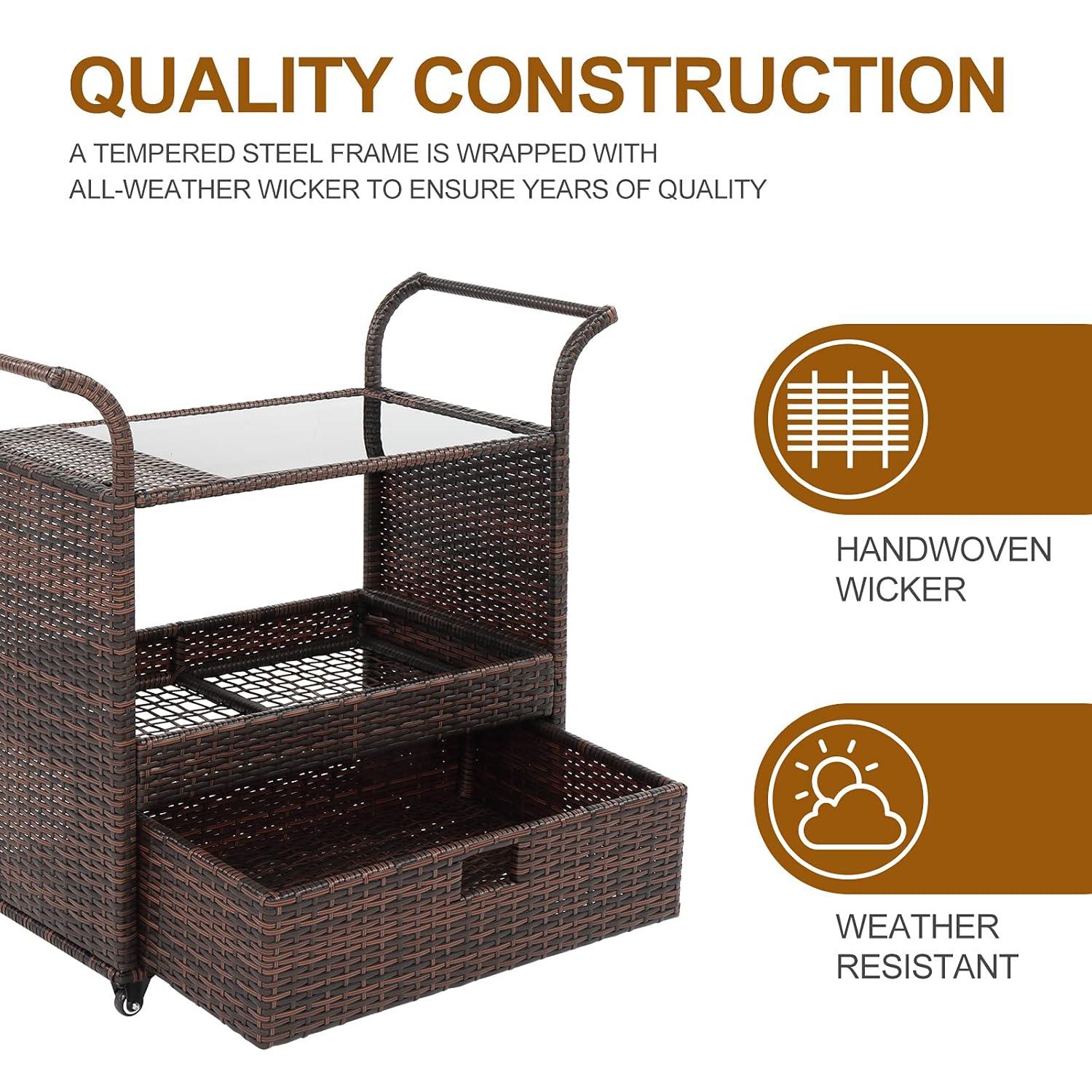 Outvita Outdoor Rolling Wicker Bar Cart, Rolling Rattan Beverage Bar Counter Table with Ample Storage Basket, Drawer and Loakable Wheels Glass Top for Patio Poolside Party
