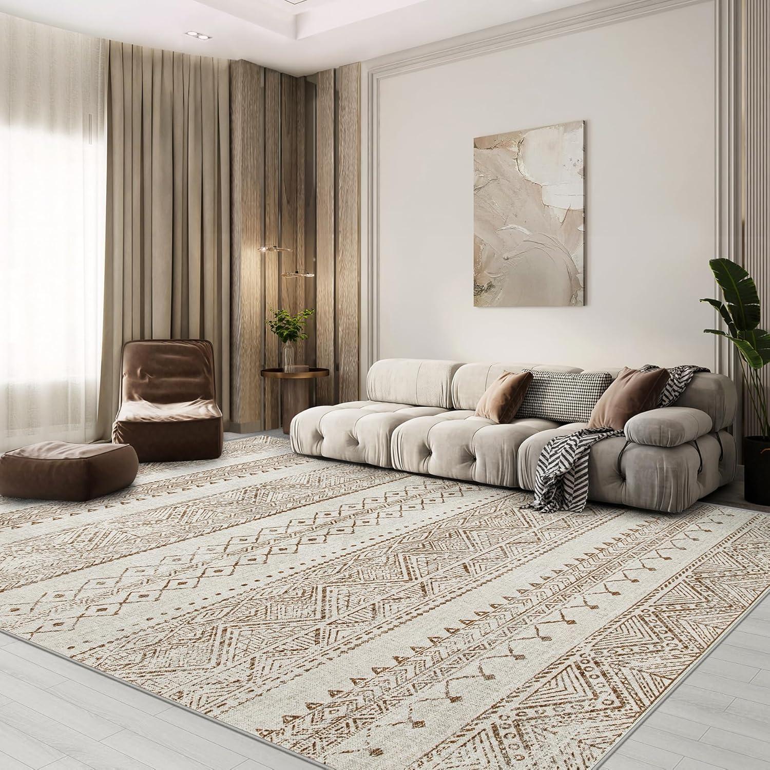 FairOnly 9'x12' Brown White Area Rugs Machine Washable Vintage Rugs for Bathroom Geometric Moroccan Ultra-Thin Area Rugs for Family Room Living Room Carpet