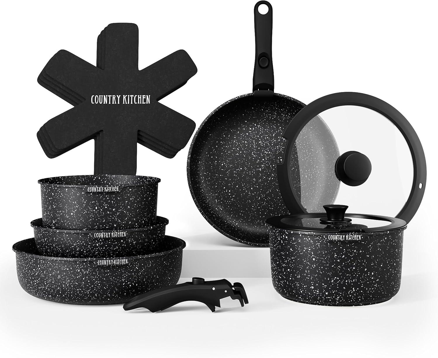 Country Kitchen 13-Pc Pots and Pans Set with Removable Handles Nonstick Cookware Set, Black