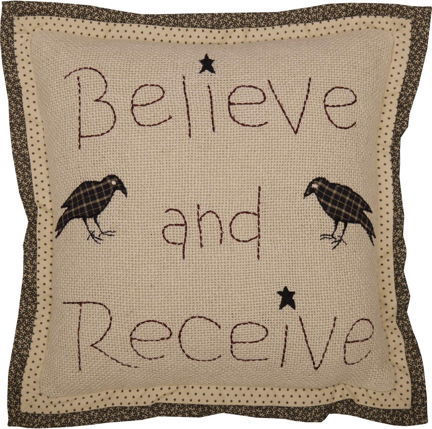 VHC Brands Kettle Grove Believe and Receive Pillow 12x12 Country Primitive Bedding Accessory, Tan