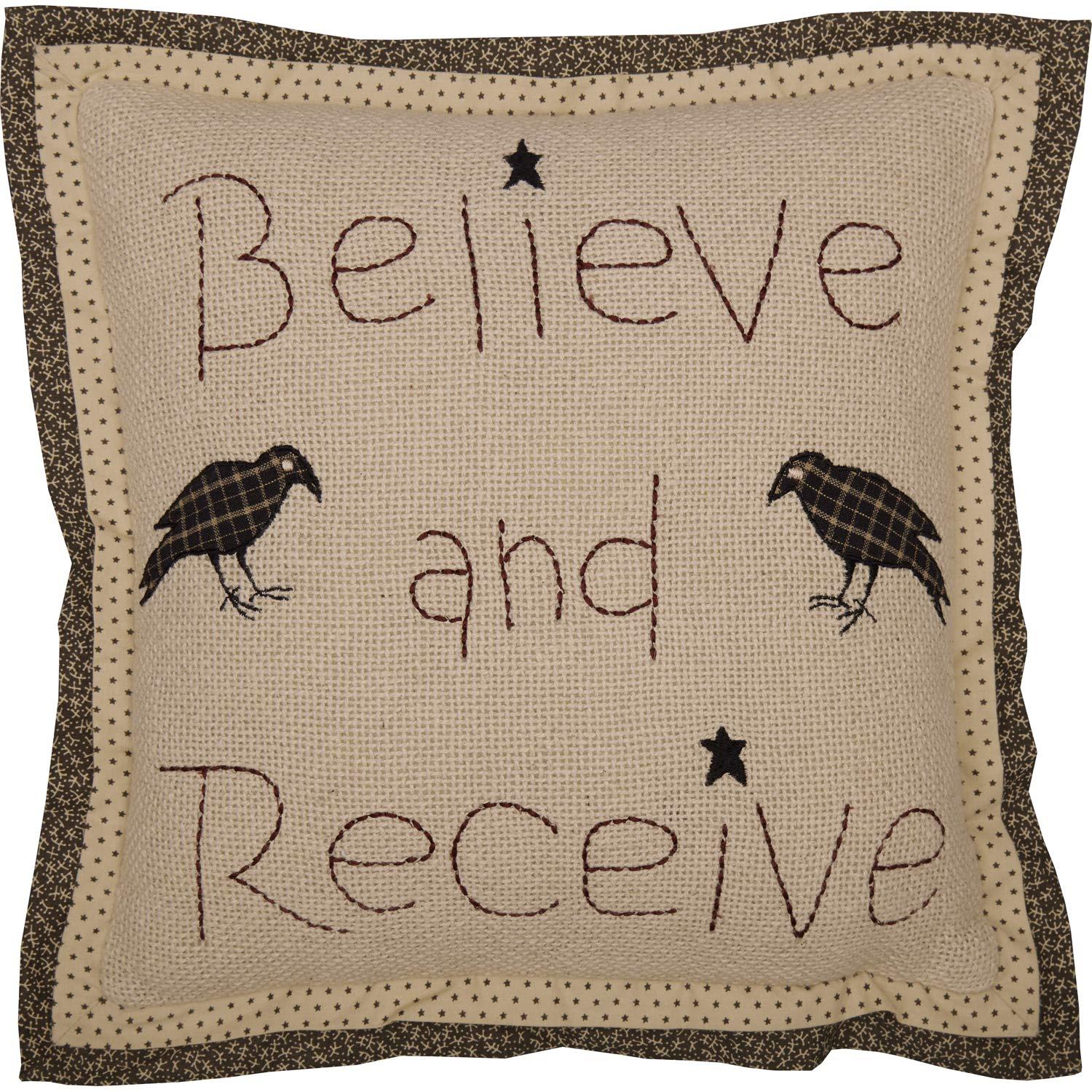 VHC Brands Kettle Grove Believe and Receive Pillow 12x12 Country Primitive Bedding Accessory, Tan