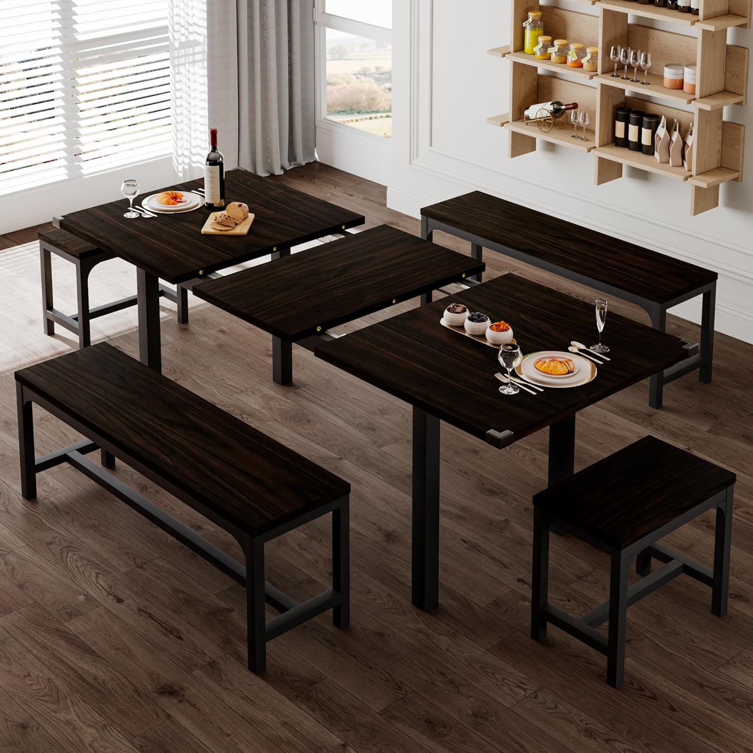 Espresso Extendable Dining Table Set with Benches and Stools