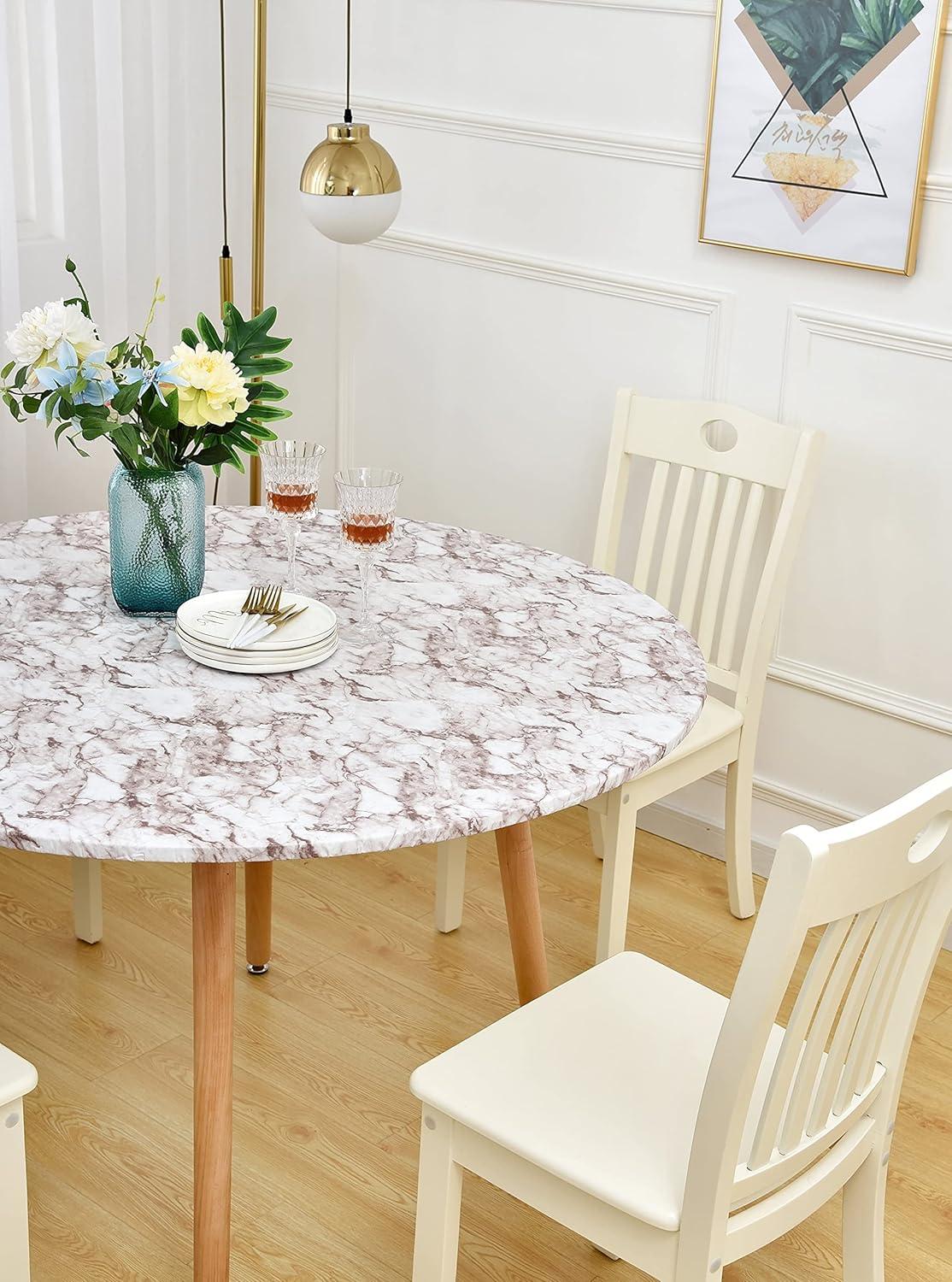 Rally Home Goods Indoor Outdoor Patio Round Fitted Vinyl Tablecloth, Flannel Backing, Elastic Edge, Waterproof Wipeable Plastic Cover, Beige Marble Pattern for 5-Seat Table of 36-42’’ Diameter