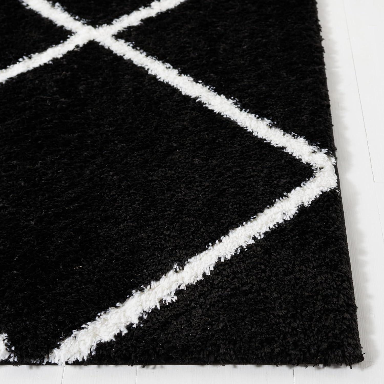 Black and White Geometric Shag 9' x 12' Synthetic Area Rug