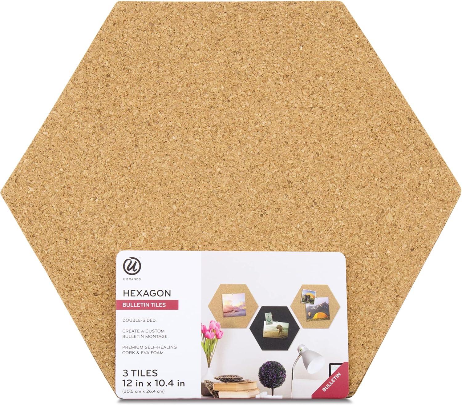 U Brands 3ct Hexagon Cork Bulletin Board Tiles: Small Corkboard for Wall, Dorm Bulletin Board, 11.5" x 10.25", Brown