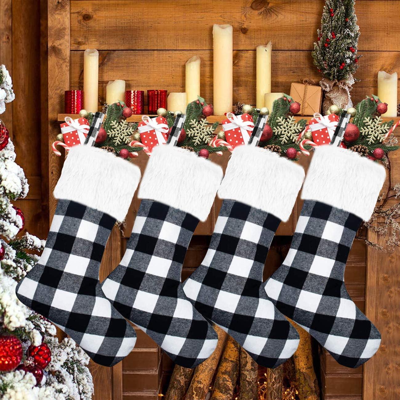 Christmas Stockings- 4 Pcs 18inch Buffalo Plaid Christmas Stockings with Plush Faux Fur Cuff, Classic Large Christmas Stockings Decorations for Family Christmas Holiday Party (Black and White)