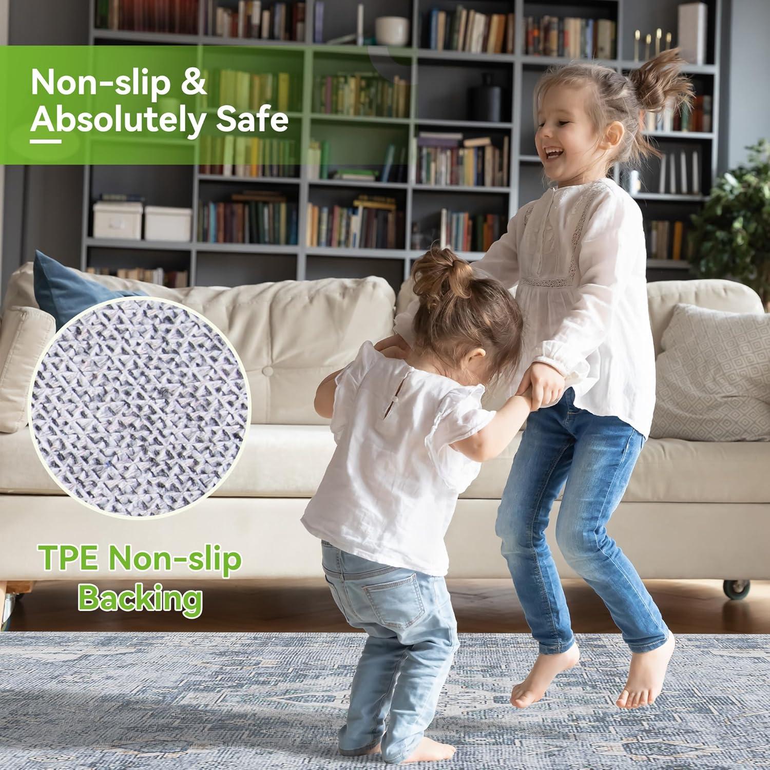 GlowSol 8x10 Floral Area Rug for Living Room Bedroom Retro Distressed Area Rug Traditional Medallion Non-Slip Low Pile Carpet Floor Decoration, Blue