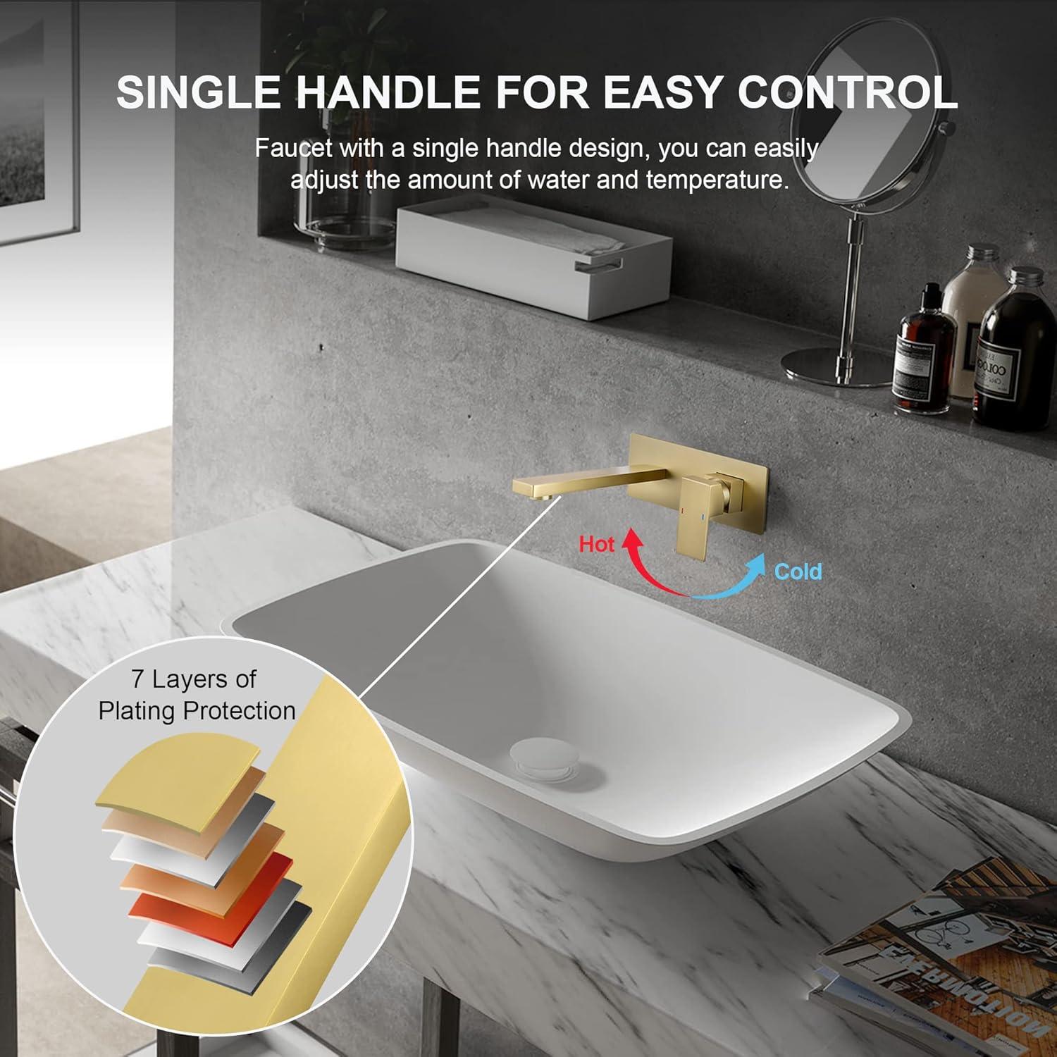 Products sumerain Wall Mount Bathroom Sink Faucet Brushed Gold and Rough in Valve Included, Left-Handed Single Handle