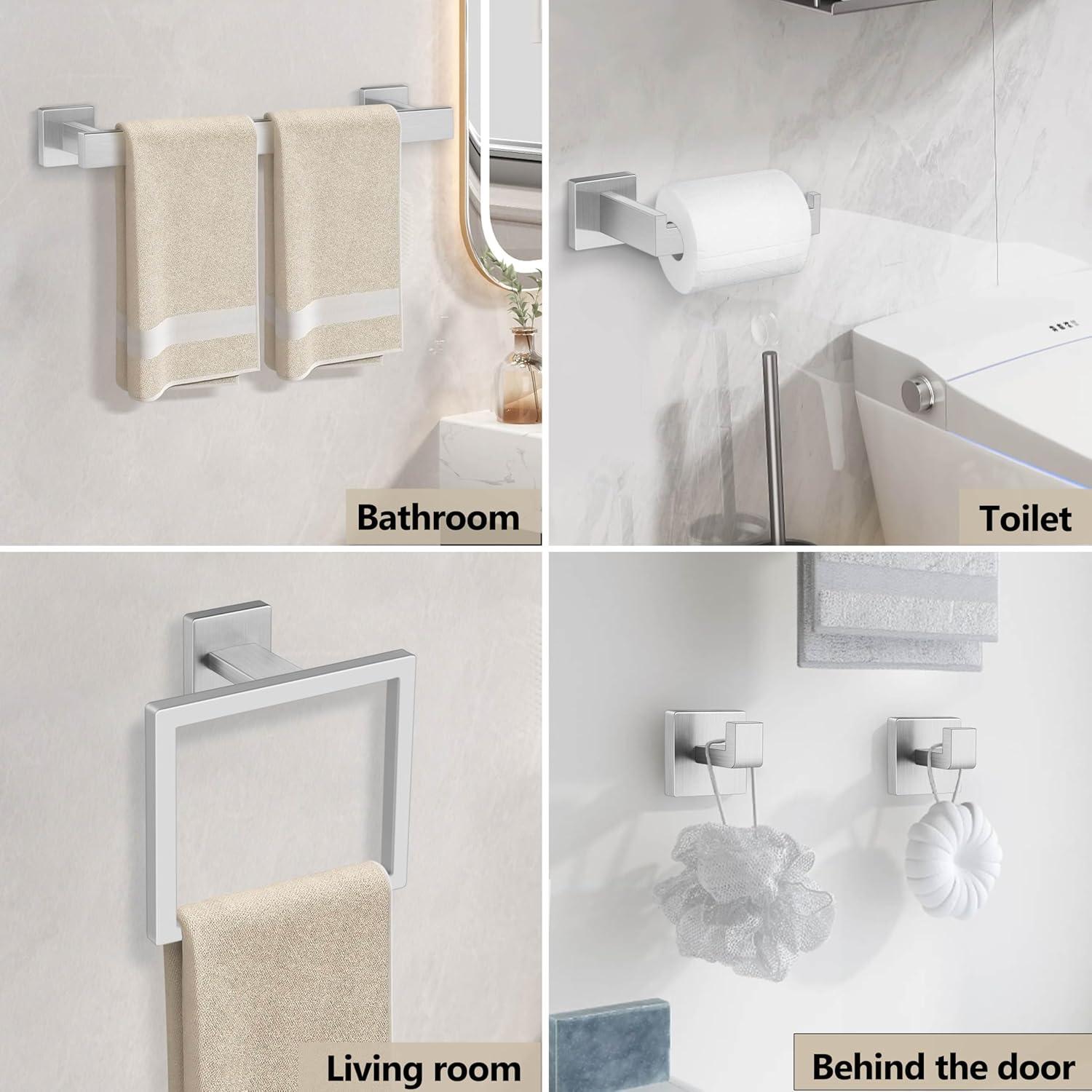 5 Pieces Brushed Nickel Bathroom Accessories Set, Homikit SUS304 Stainless Steel Wall Mounted Bath Towel Hardware Bar Set, 16 Inch Towel Rack, Toilet Paper Holder, Towel Ring, Hooks