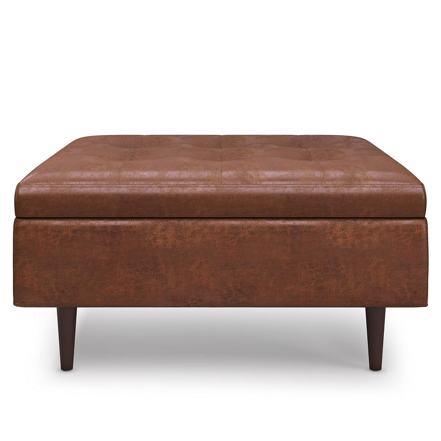 Simpli Home Shay 38"W Upholstered Square Coffee Table Storage Ottoman with Lift Top and Tufted Detail