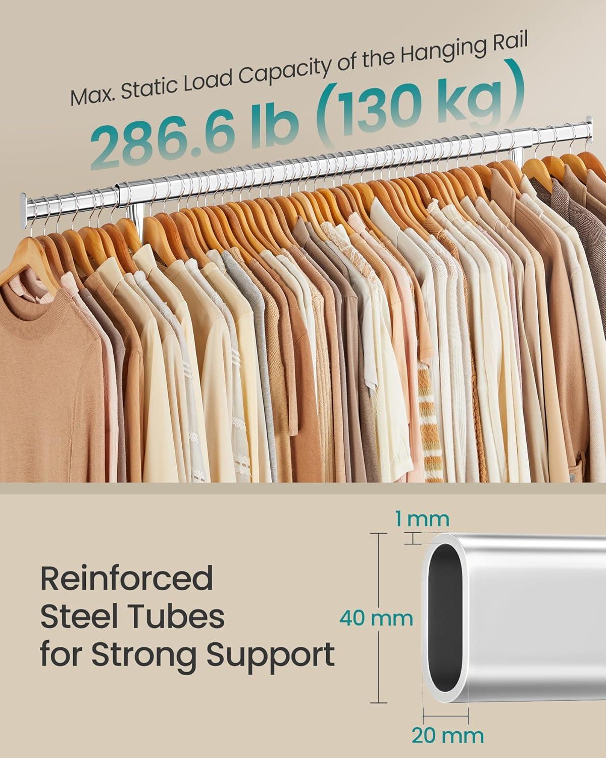 300lb Clothing Rack Heavy Duty Clothes Rack on Wheels Garment Rack Rolling Coat Rack for Bedroom Living Room Silver