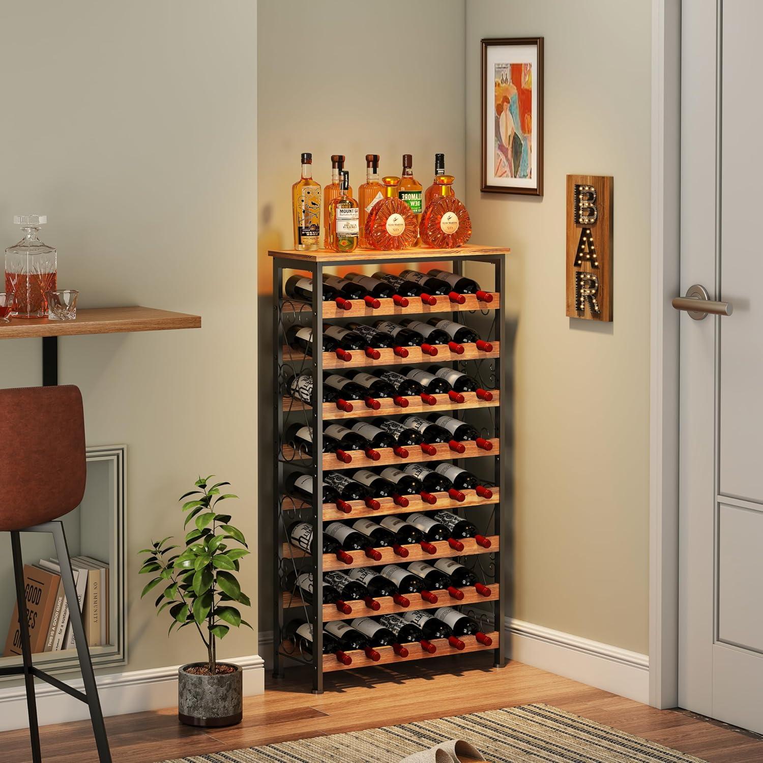 48 Bottles Floor Wine Rack with Wood Top,8 Tier Wine Storage Stand